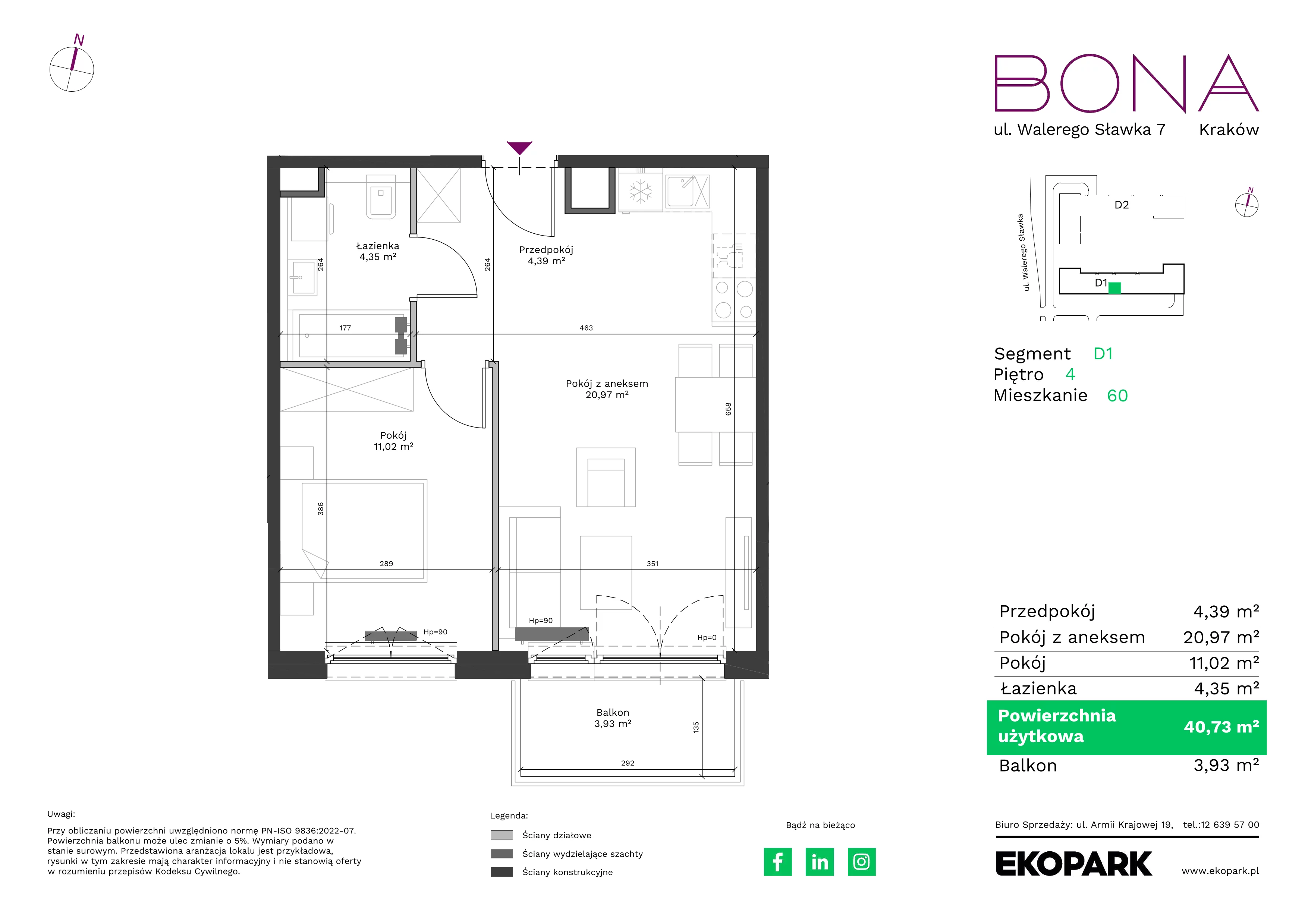 2 pokoje, mieszkanie 40,73 m², piętro 4, oferta nr 60, BONA, Kraków, Podgórze Duchackie, ul. Walerego Sławka 7