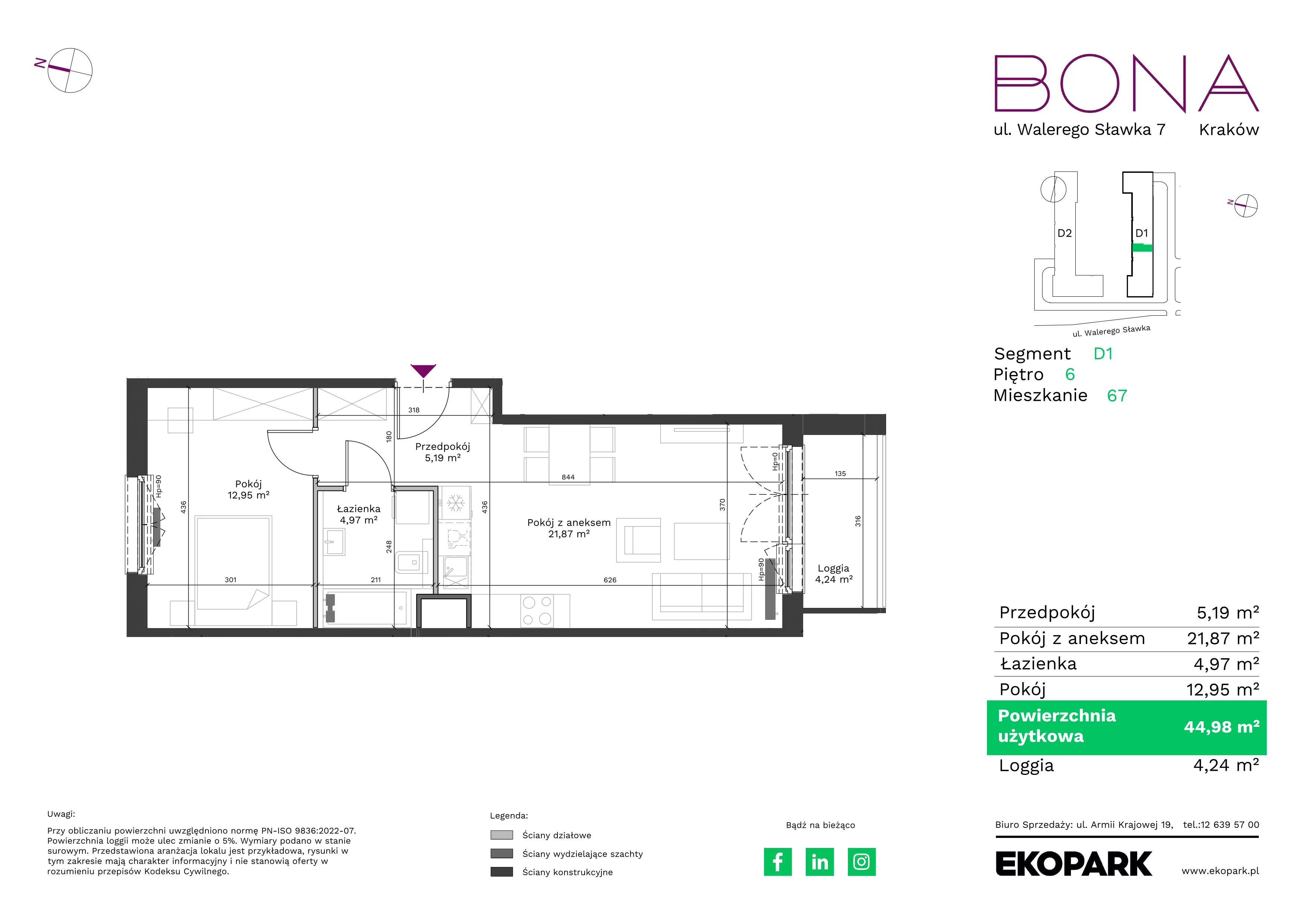 2 pokoje, mieszkanie 44,98 m², piętro 6, oferta nr 67, BONA, Kraków, Podgórze Duchackie, ul. Walerego Sławka 7