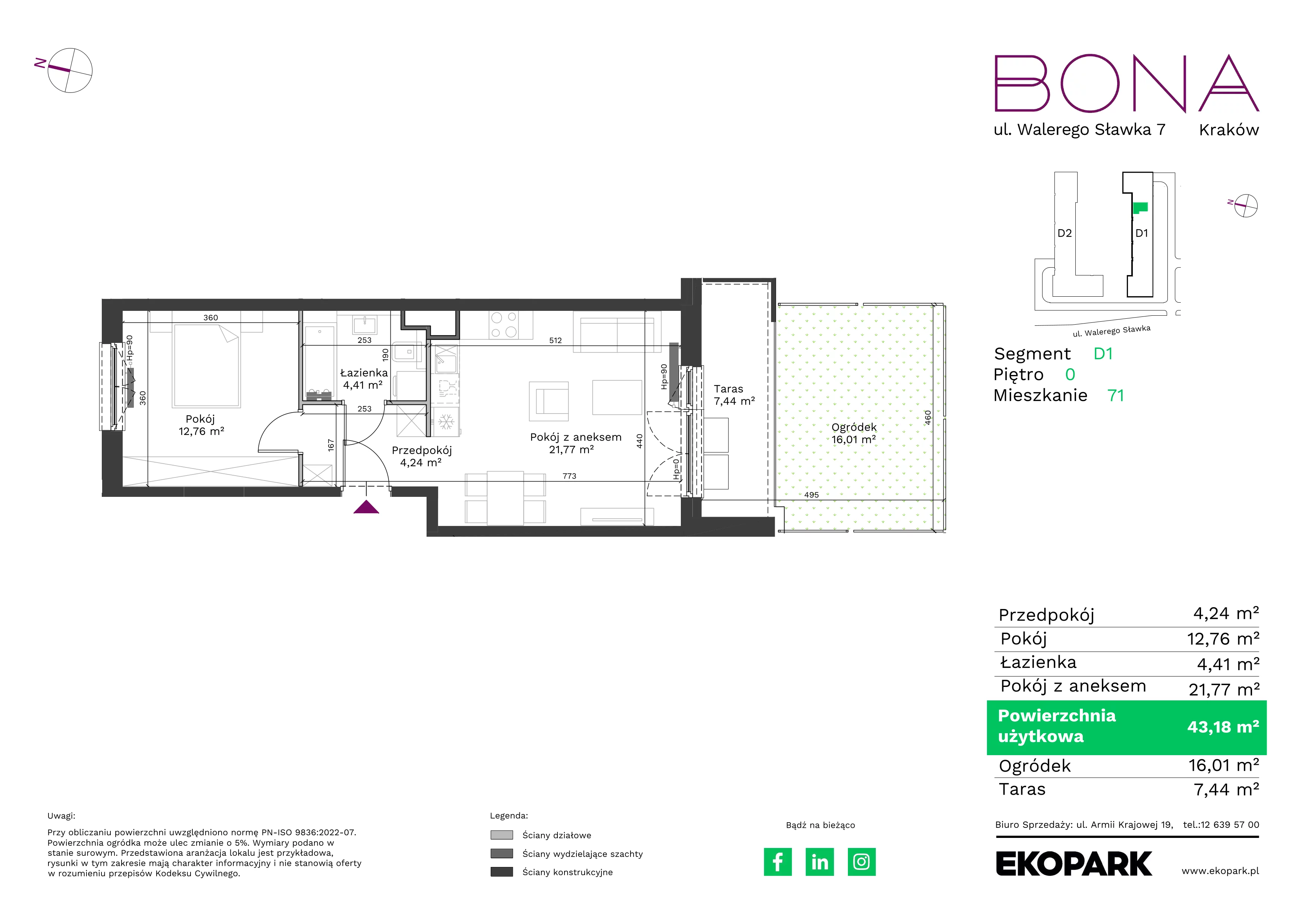2 pokoje, mieszkanie 43,18 m², parter, oferta nr 71, BONA, Kraków, Podgórze Duchackie, ul. Walerego Sławka 7