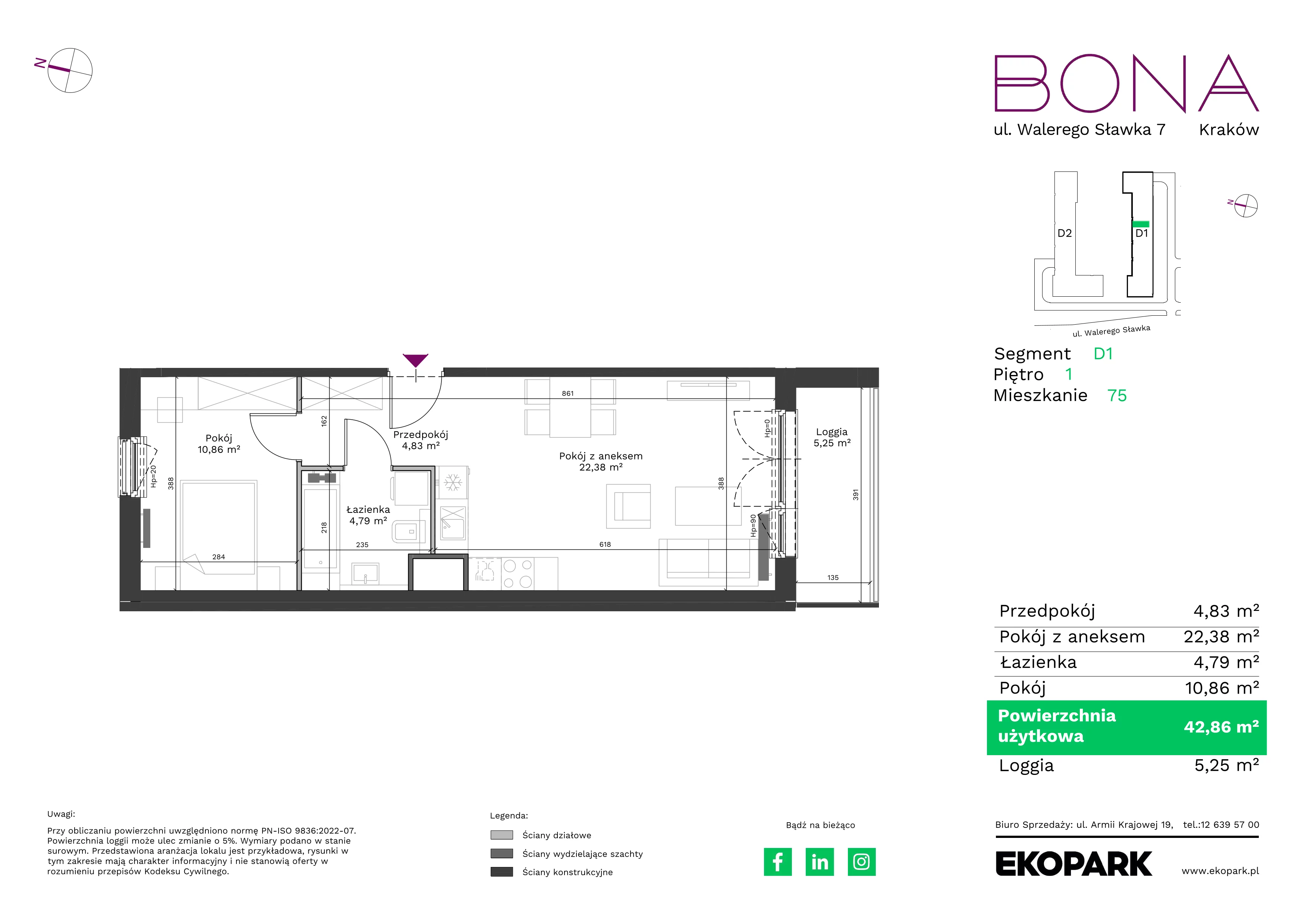 2 pokoje, mieszkanie 42,86 m², piętro 1, oferta nr 75, BONA, Kraków, Podgórze Duchackie, ul. Walerego Sławka 7