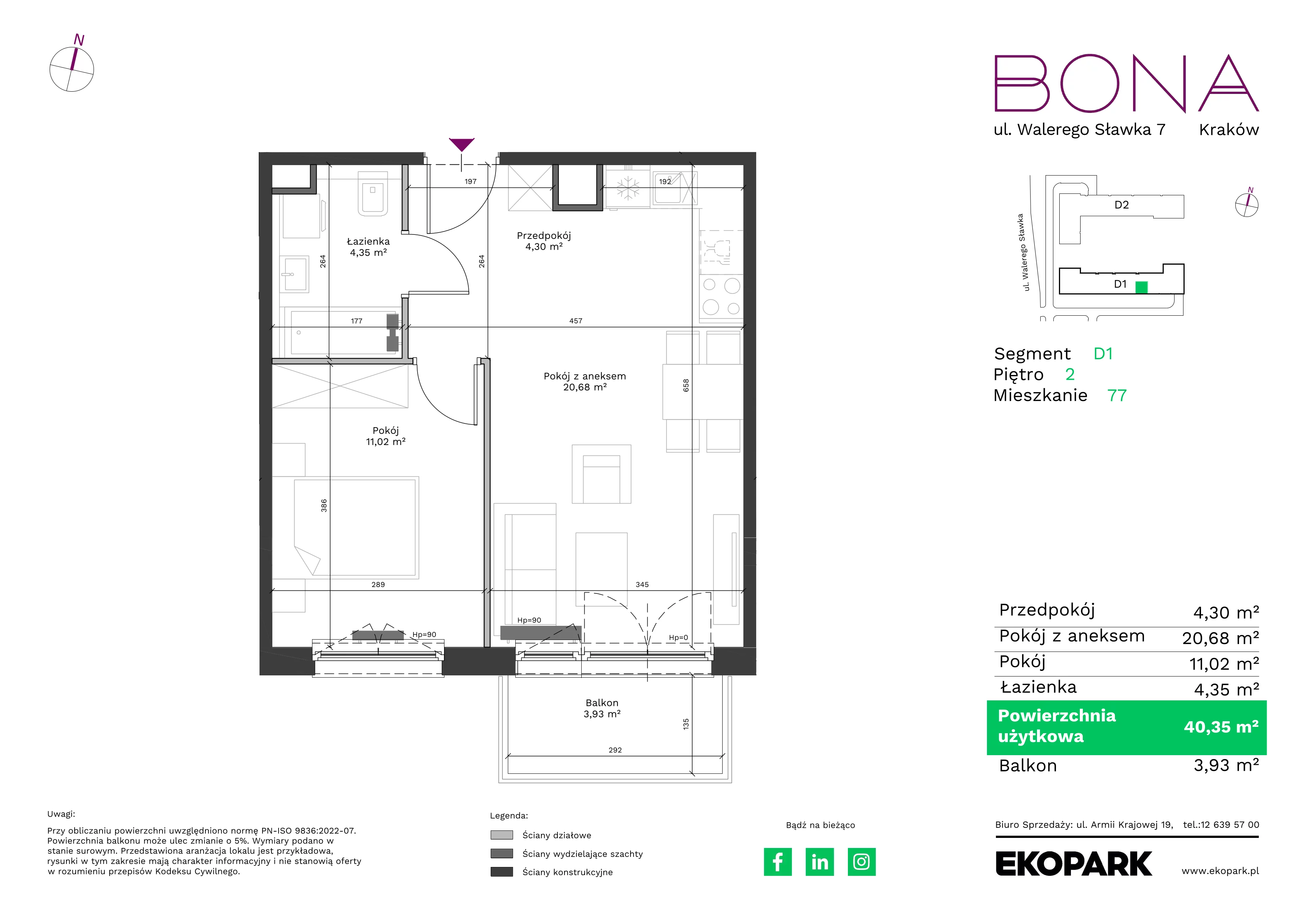 2 pokoje, mieszkanie 40,35 m², piętro 2, oferta nr 77, BONA, Kraków, Podgórze Duchackie, ul. Walerego Sławka 7