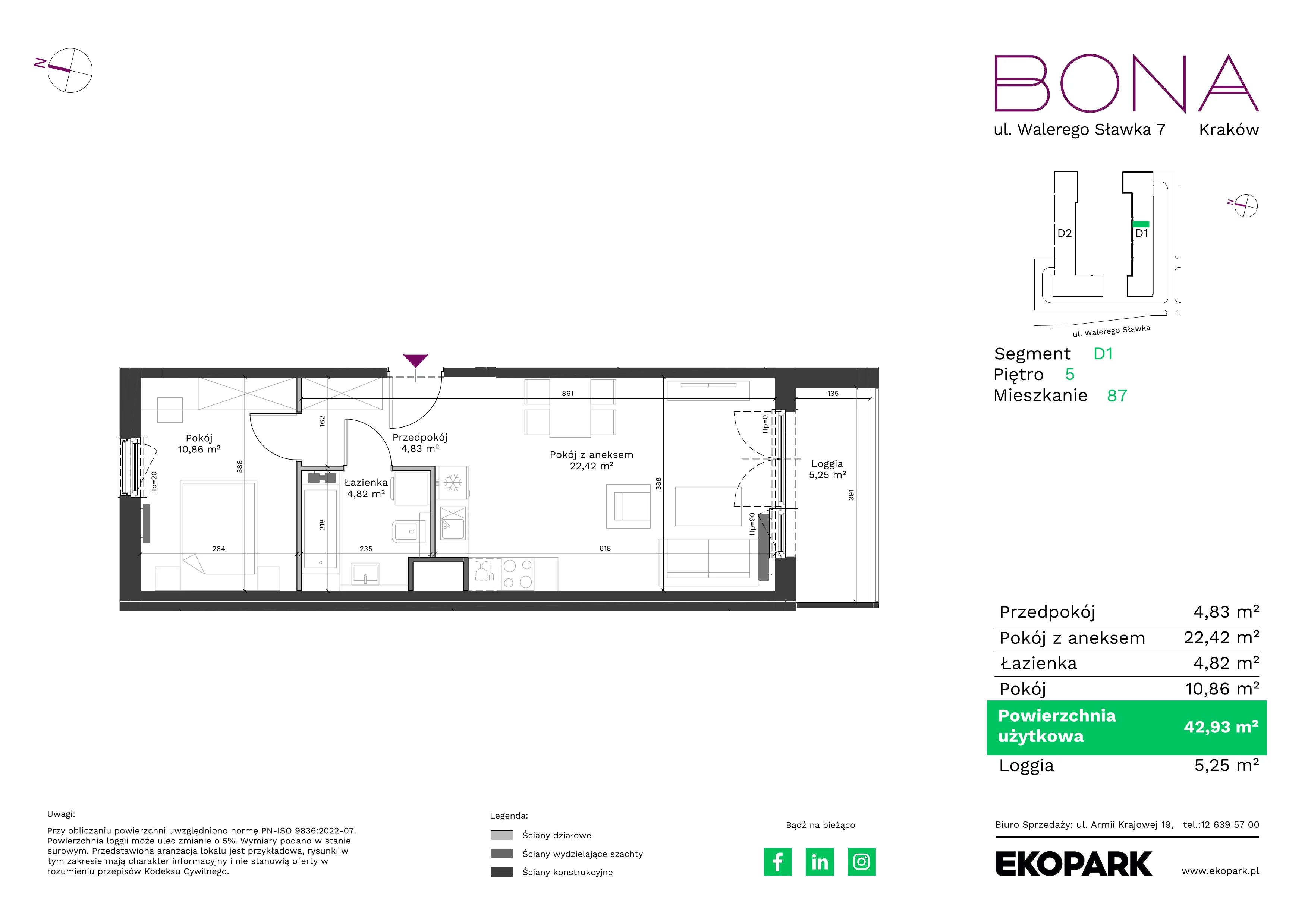 2 pokoje, mieszkanie 42,93 m², piętro 5, oferta nr 87, BONA, Kraków, Podgórze Duchackie, ul. Walerego Sławka 7