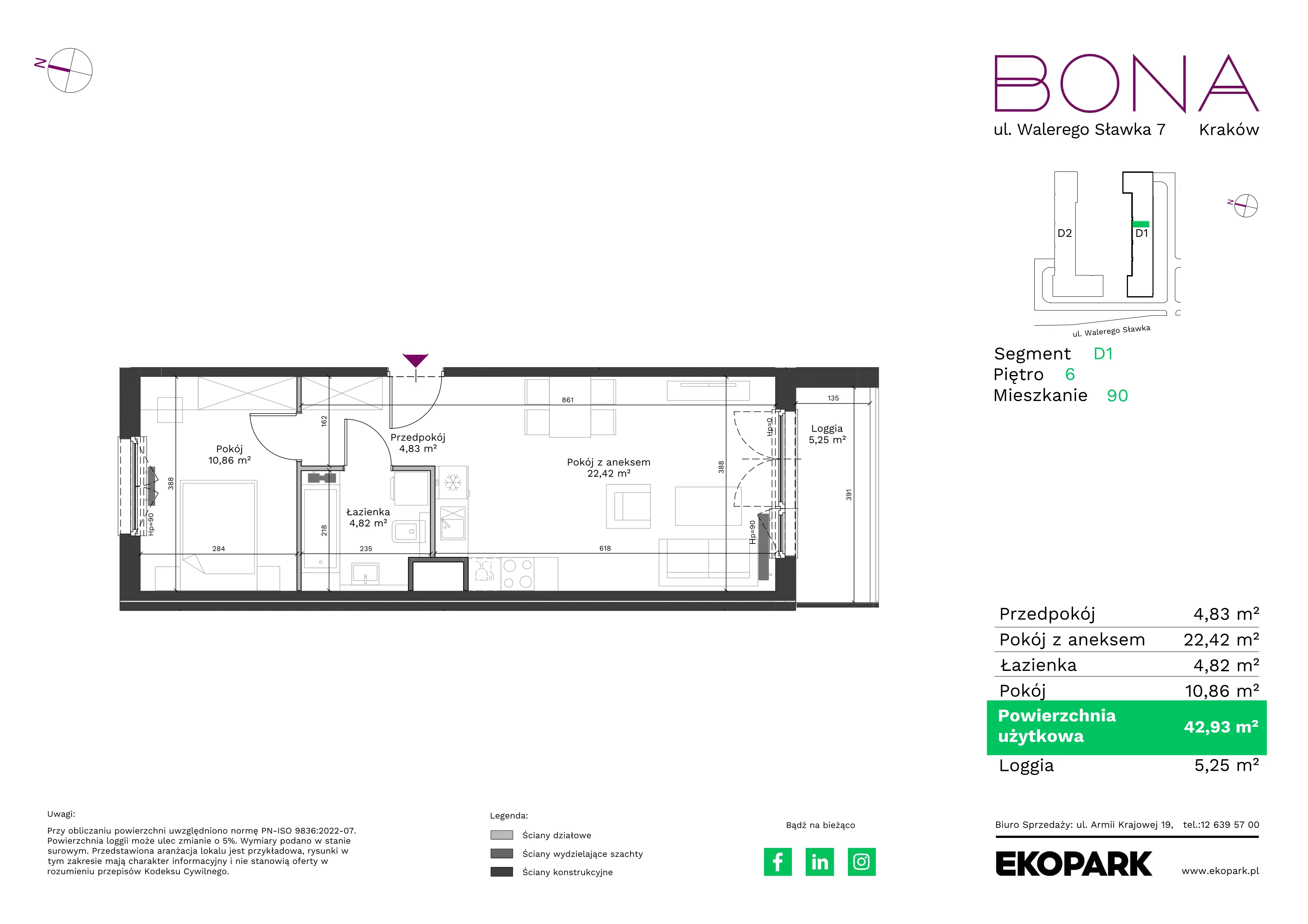 2 pokoje, mieszkanie 42,93 m², piętro 6, oferta nr 90, BONA, Kraków, Podgórze Duchackie, ul. Walerego Sławka 7