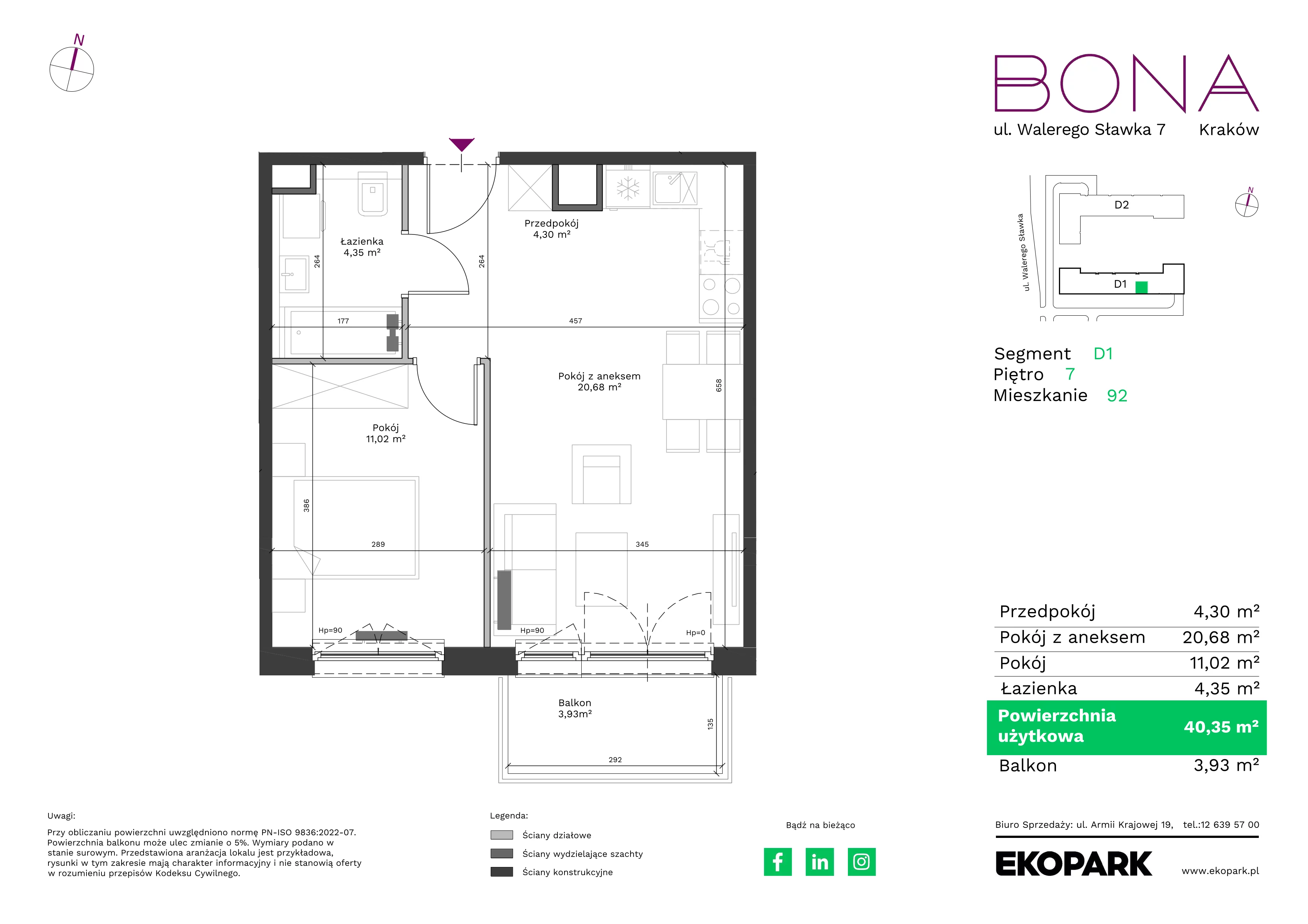 2 pokoje, mieszkanie 40,35 m², piętro 7, oferta nr 92, BONA, Kraków, Podgórze Duchackie, ul. Walerego Sławka 7