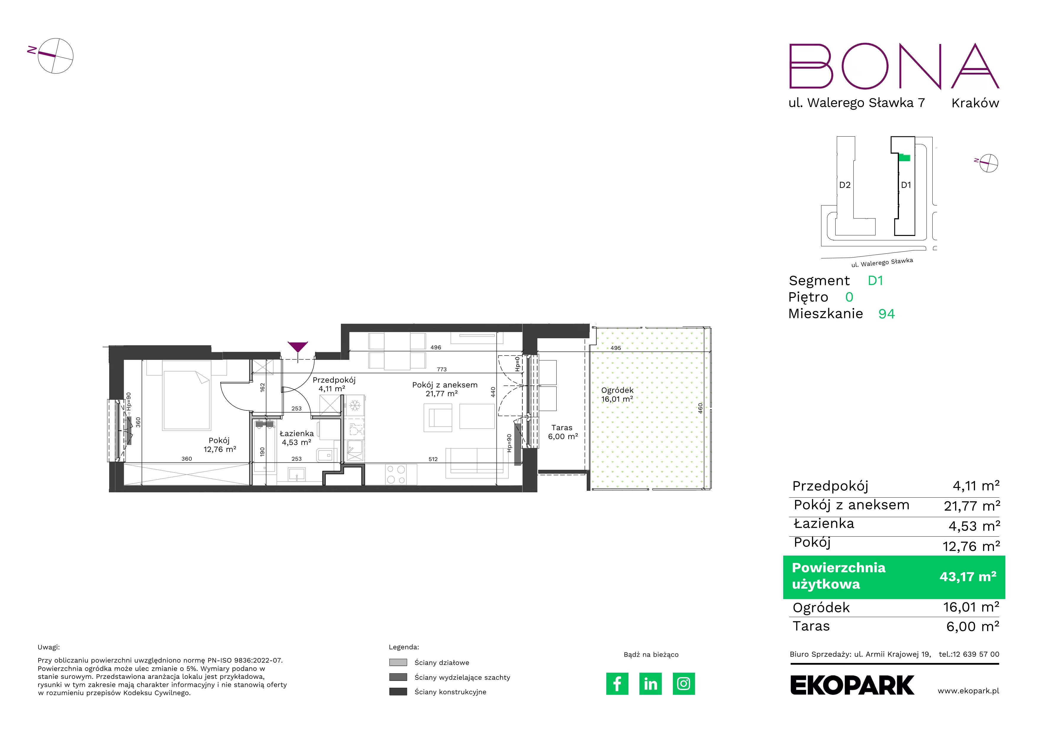 2 pokoje, mieszkanie 43,17 m², parter, oferta nr 94, BONA, Kraków, Podgórze Duchackie, ul. Walerego Sławka 7