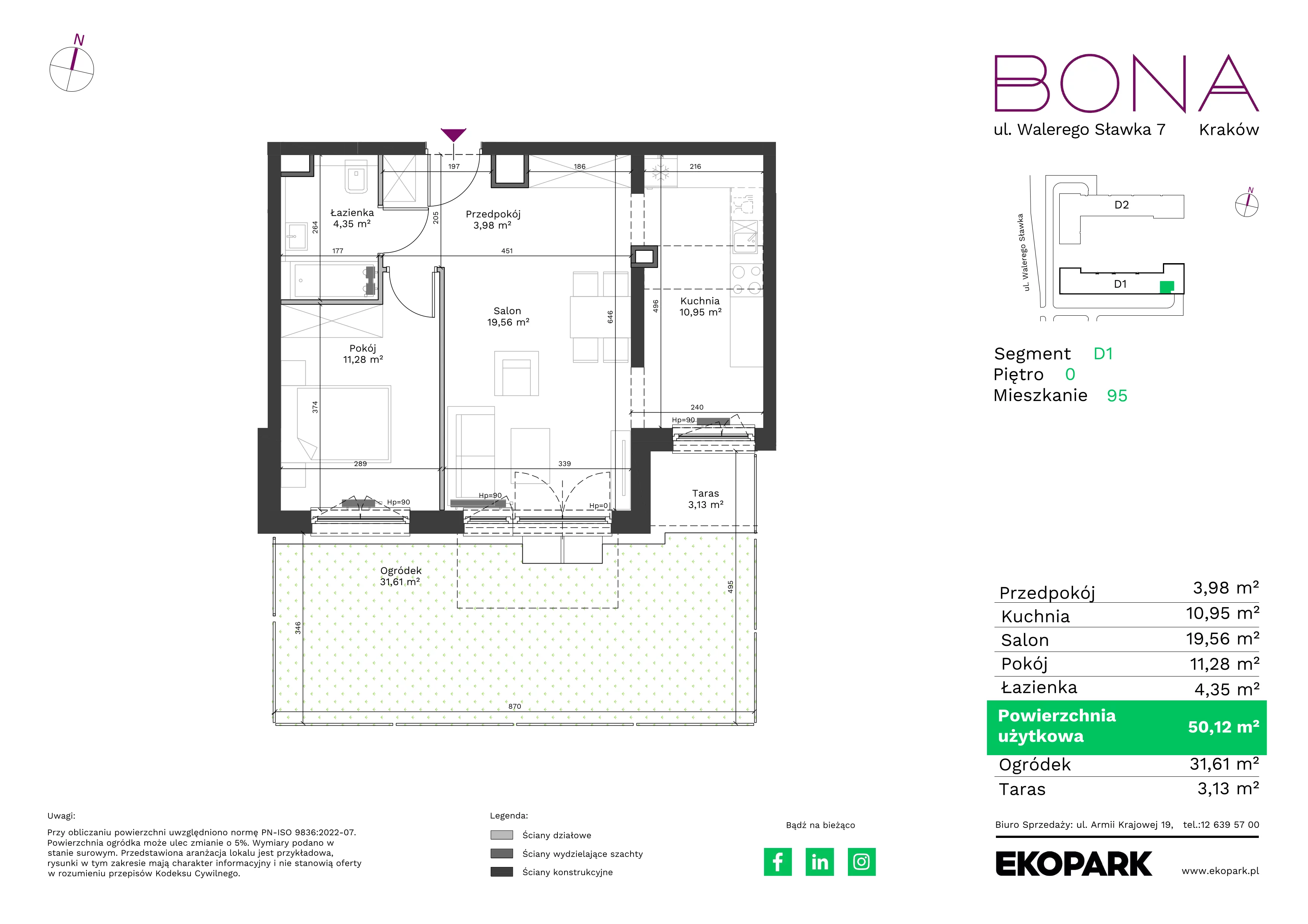 2 pokoje, mieszkanie 50,12 m², parter, oferta nr 95, BONA, Kraków, Podgórze Duchackie, ul. Walerego Sławka 7