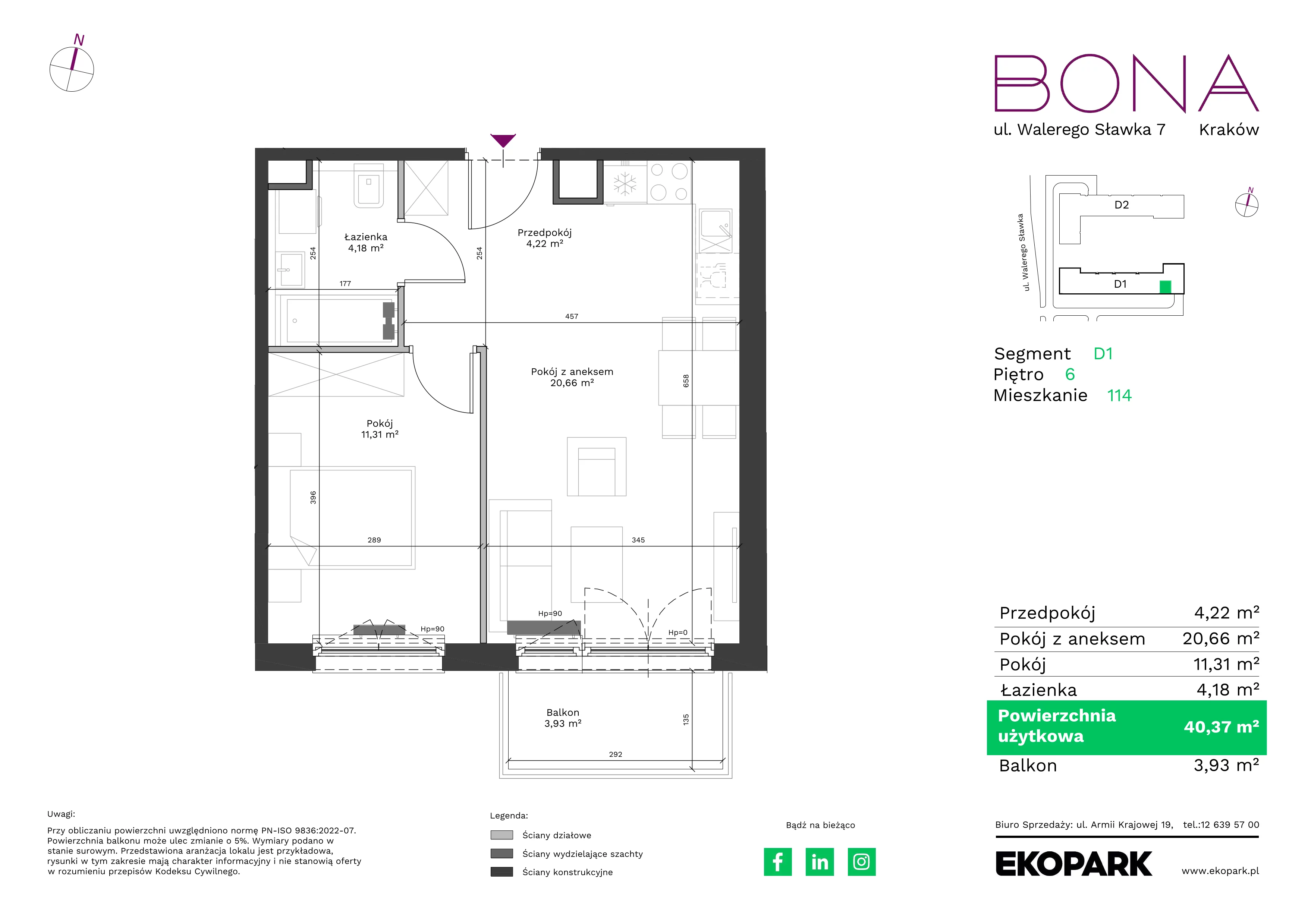 2 pokoje, mieszkanie 40,37 m², piętro 6, oferta nr 114, BONA, Kraków, Podgórze Duchackie, ul. Walerego Sławka 7