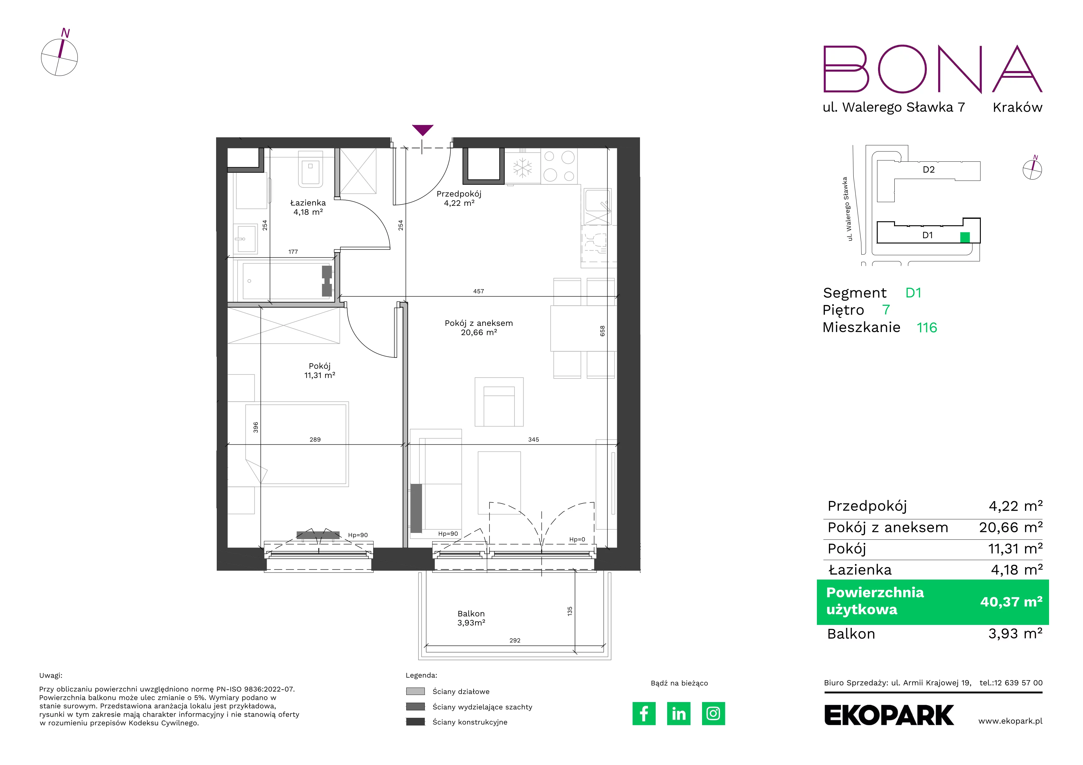 2 pokoje, mieszkanie 40,37 m², piętro 7, oferta nr 116, BONA, Kraków, Podgórze Duchackie, ul. Walerego Sławka 7