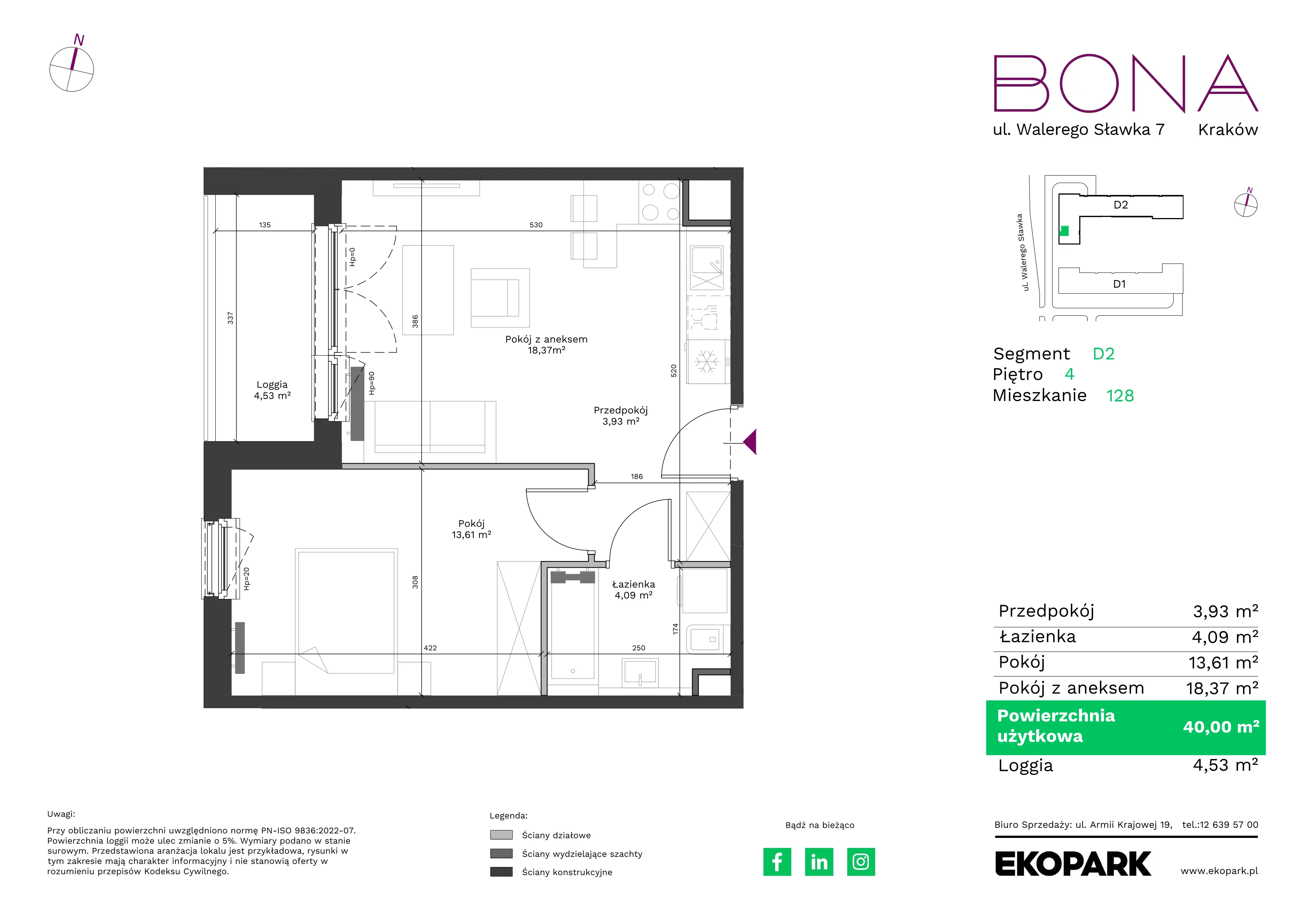2 pokoje, mieszkanie 40,00 m², piętro 4, oferta nr 128, BONA, Kraków, Podgórze Duchackie, ul. Walerego Sławka 7