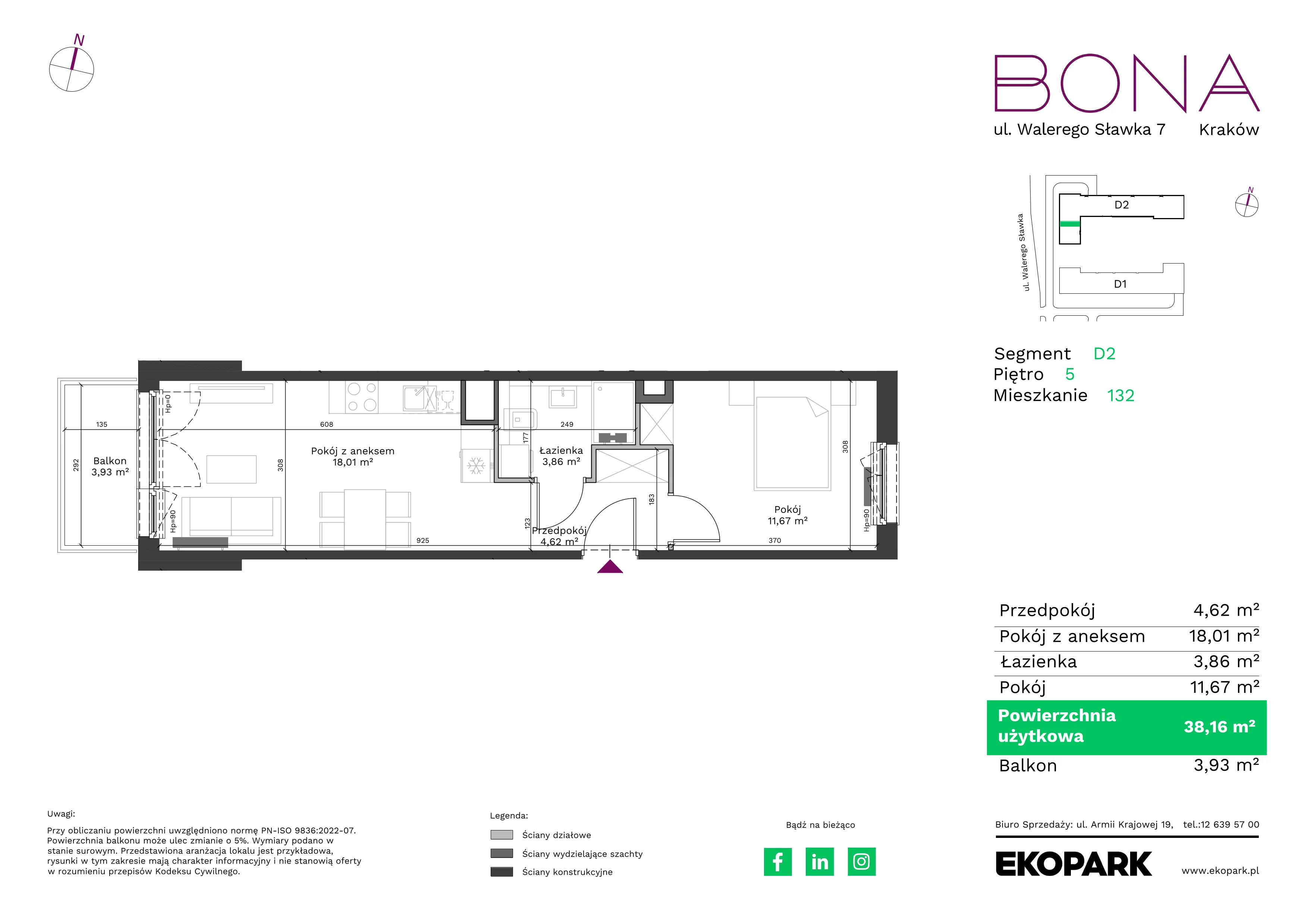 2 pokoje, mieszkanie 38,16 m², piętro 5, oferta nr 132, BONA, Kraków, Podgórze Duchackie, ul. Walerego Sławka 7