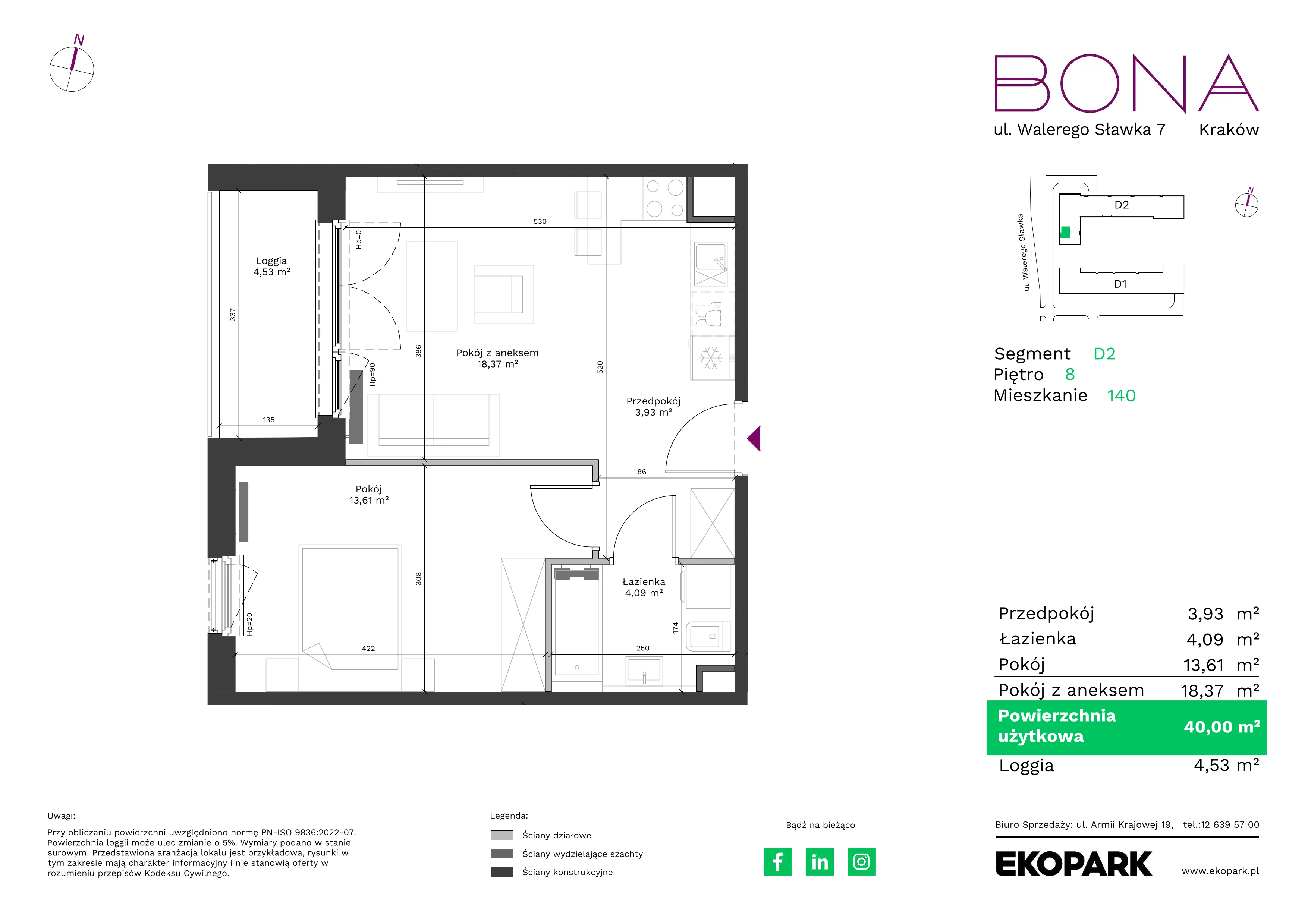 2 pokoje, mieszkanie 40,00 m², piętro 8, oferta nr 140, BONA, Kraków, Podgórze Duchackie, ul. Walerego Sławka 7