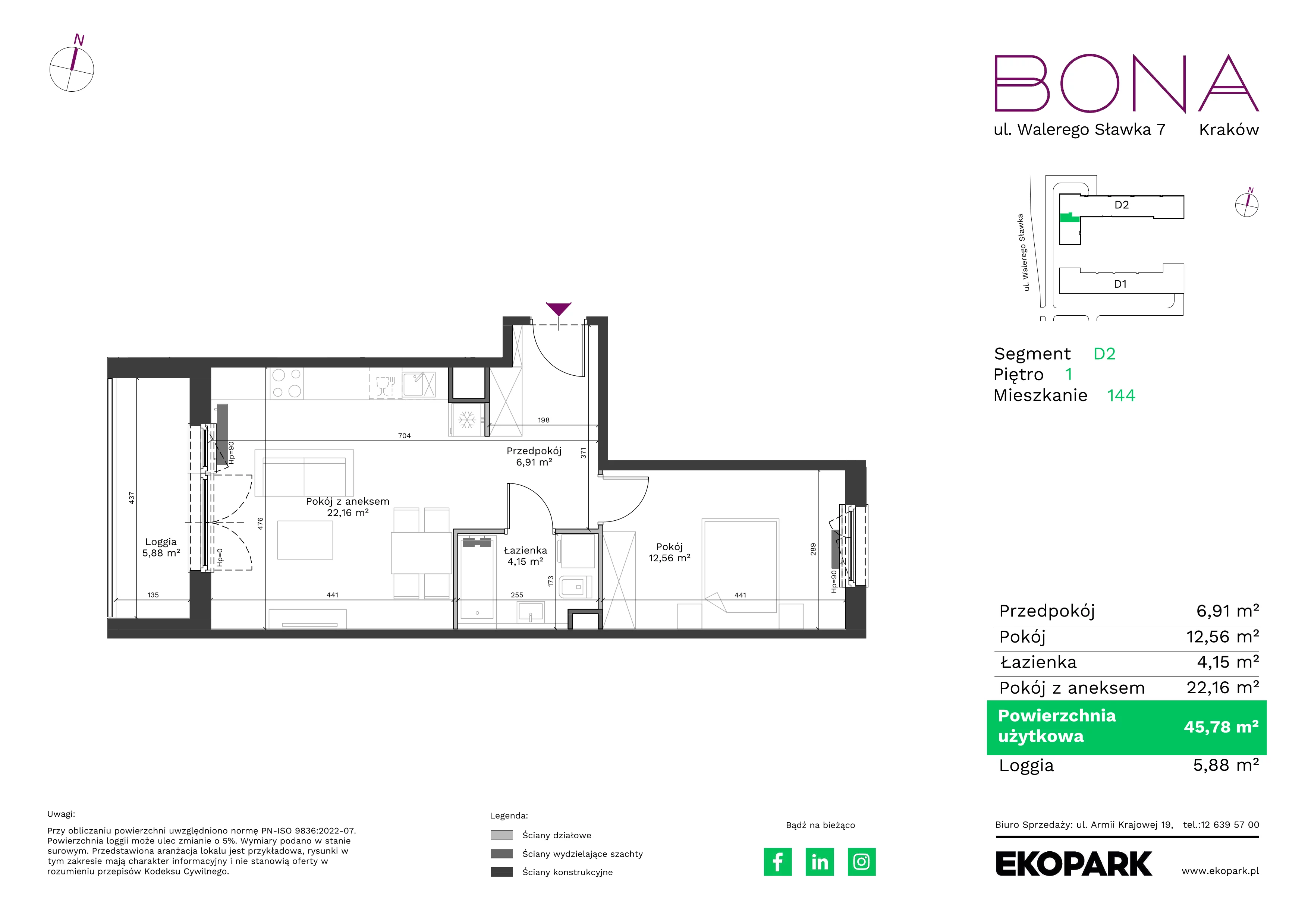 2 pokoje, mieszkanie 45,78 m², piętro 1, oferta nr 144, BONA, Kraków, Podgórze Duchackie, ul. Walerego Sławka 7