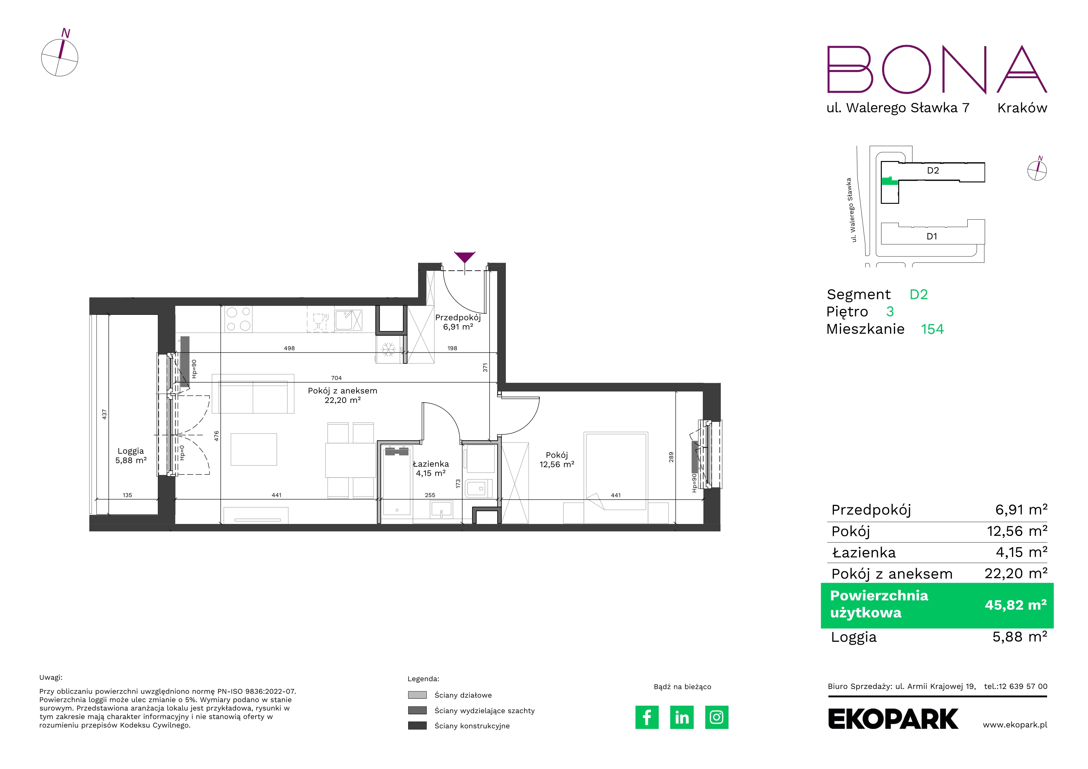 2 pokoje, mieszkanie 45,82 m², piętro 3, oferta nr 154, BONA, Kraków, Podgórze Duchackie, ul. Walerego Sławka 7