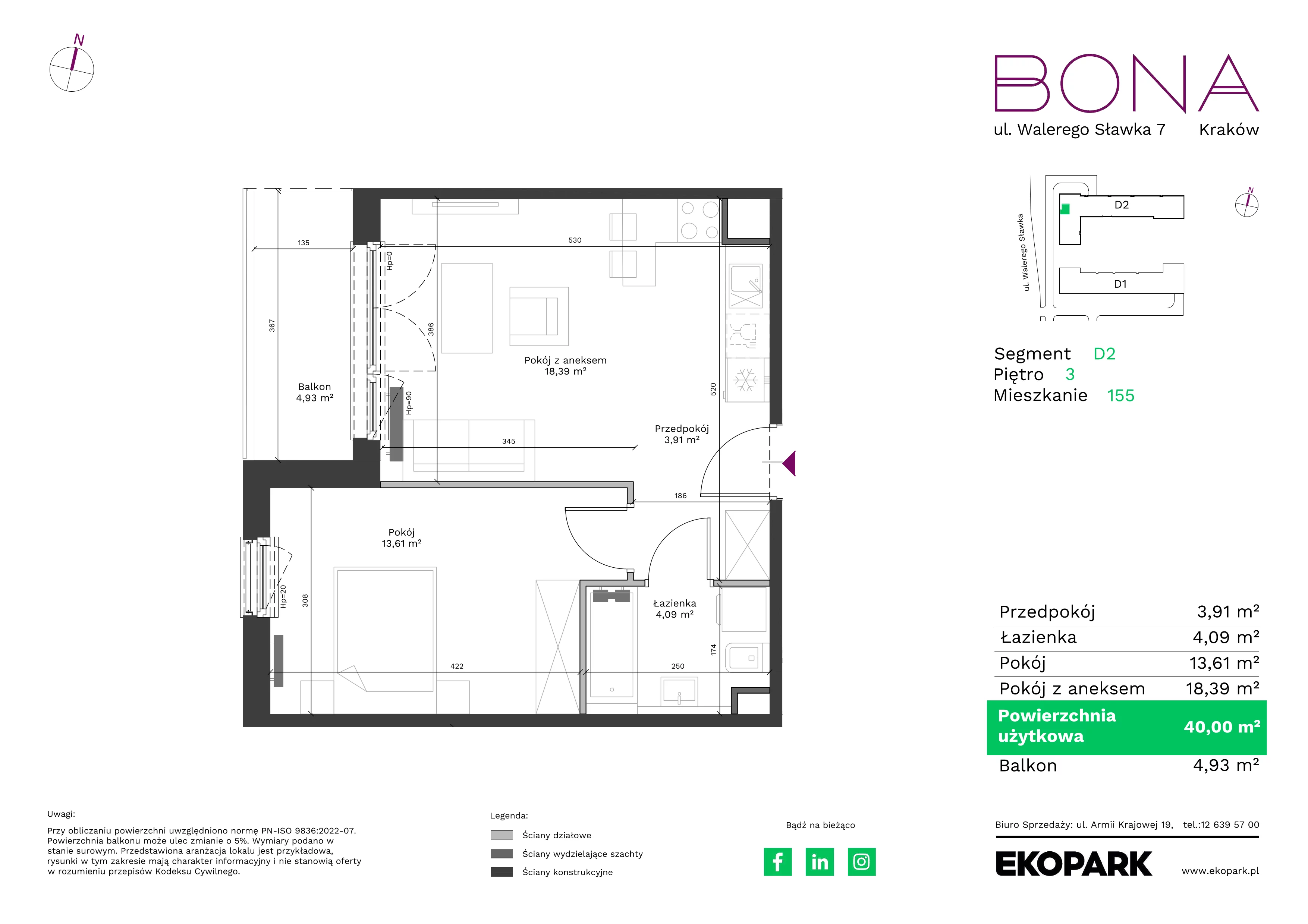 2 pokoje, mieszkanie 40,00 m², piętro 3, oferta nr 155, BONA, Kraków, Podgórze Duchackie, ul. Walerego Sławka 7