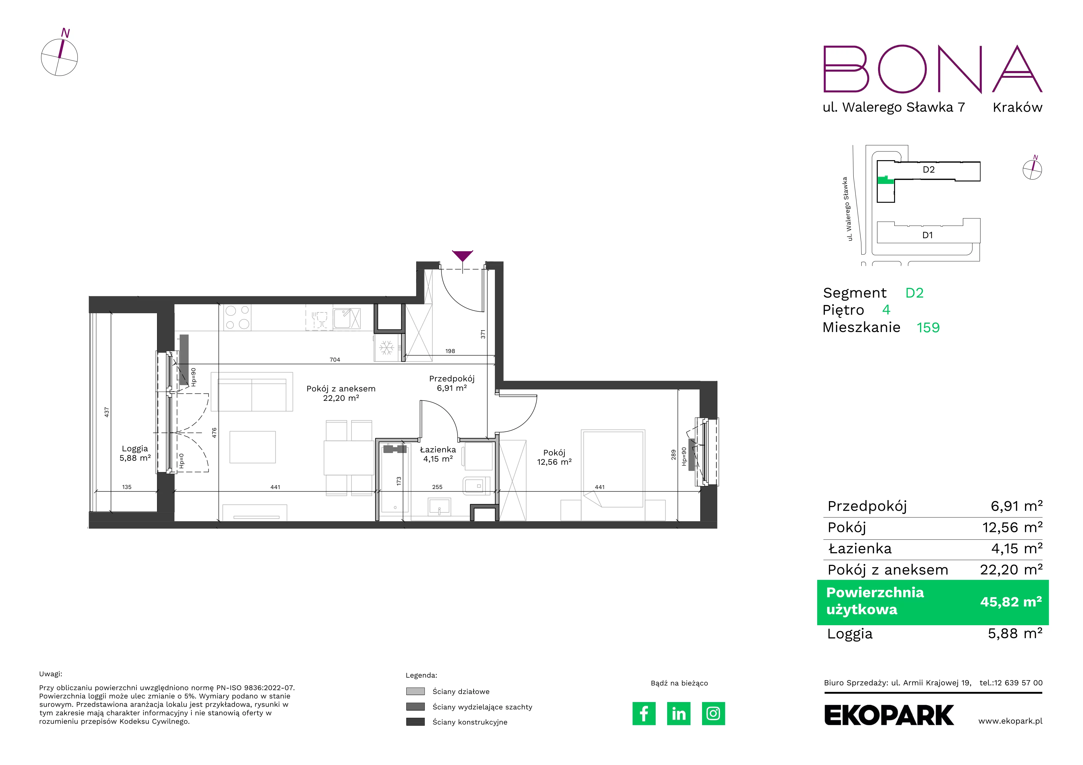 2 pokoje, mieszkanie 45,82 m², piętro 4, oferta nr 159, BONA, Kraków, Podgórze Duchackie, ul. Walerego Sławka 7