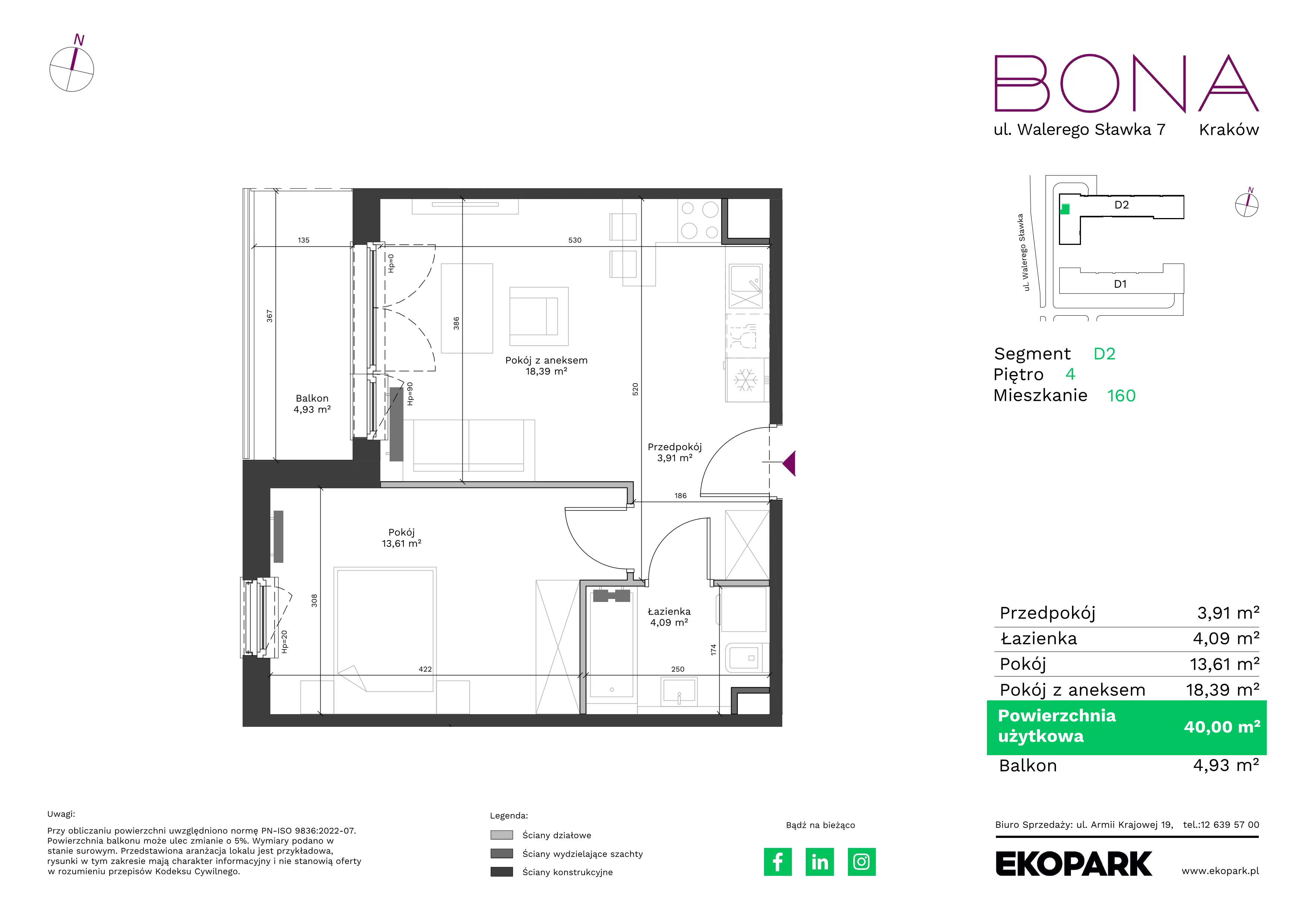 2 pokoje, mieszkanie 40,00 m², piętro 4, oferta nr 160, BONA, Kraków, Podgórze Duchackie, ul. Walerego Sławka 7