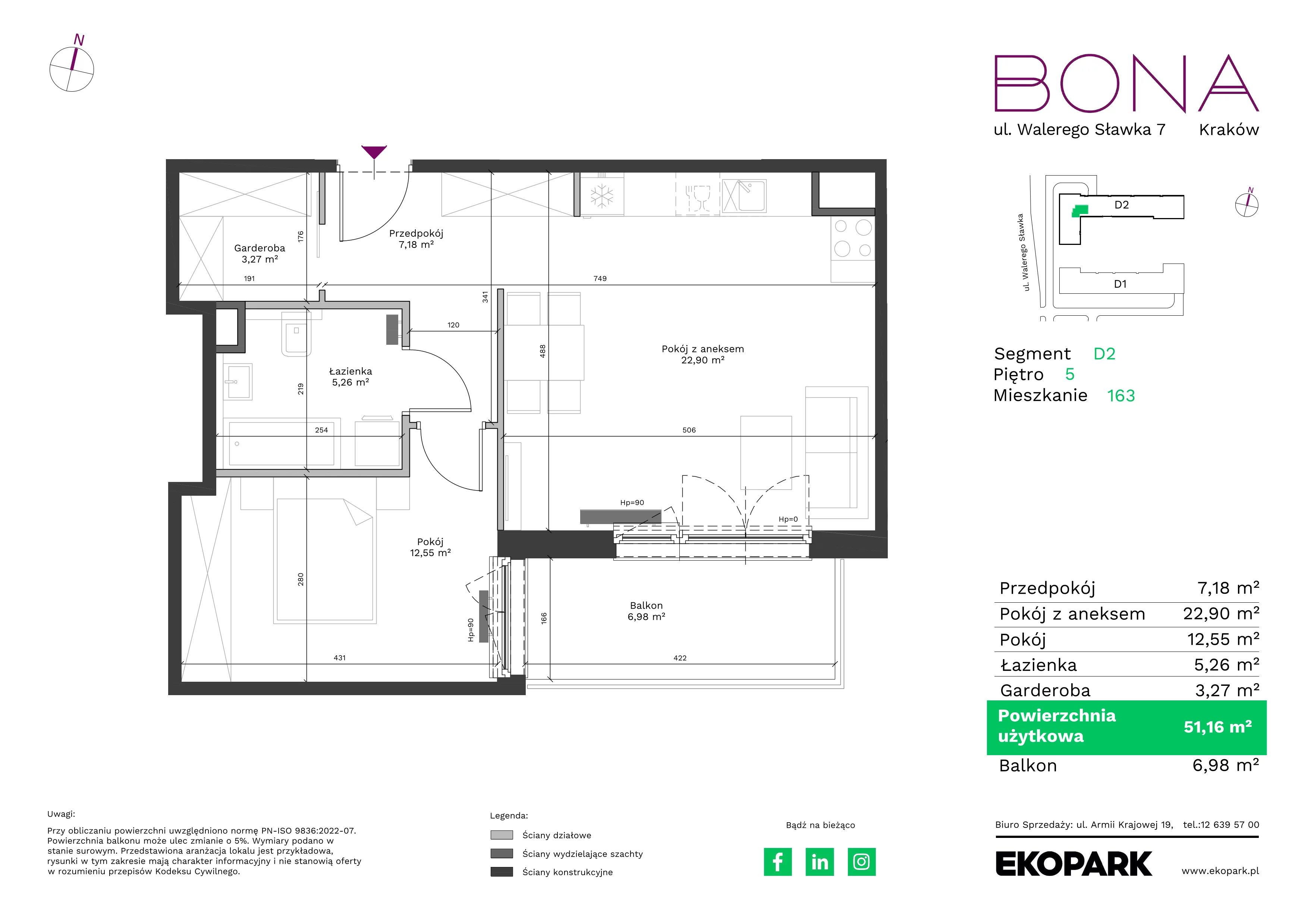 2 pokoje, mieszkanie 51,16 m², piętro 5, oferta nr 163, BONA, Kraków, Podgórze Duchackie, ul. Walerego Sławka 7