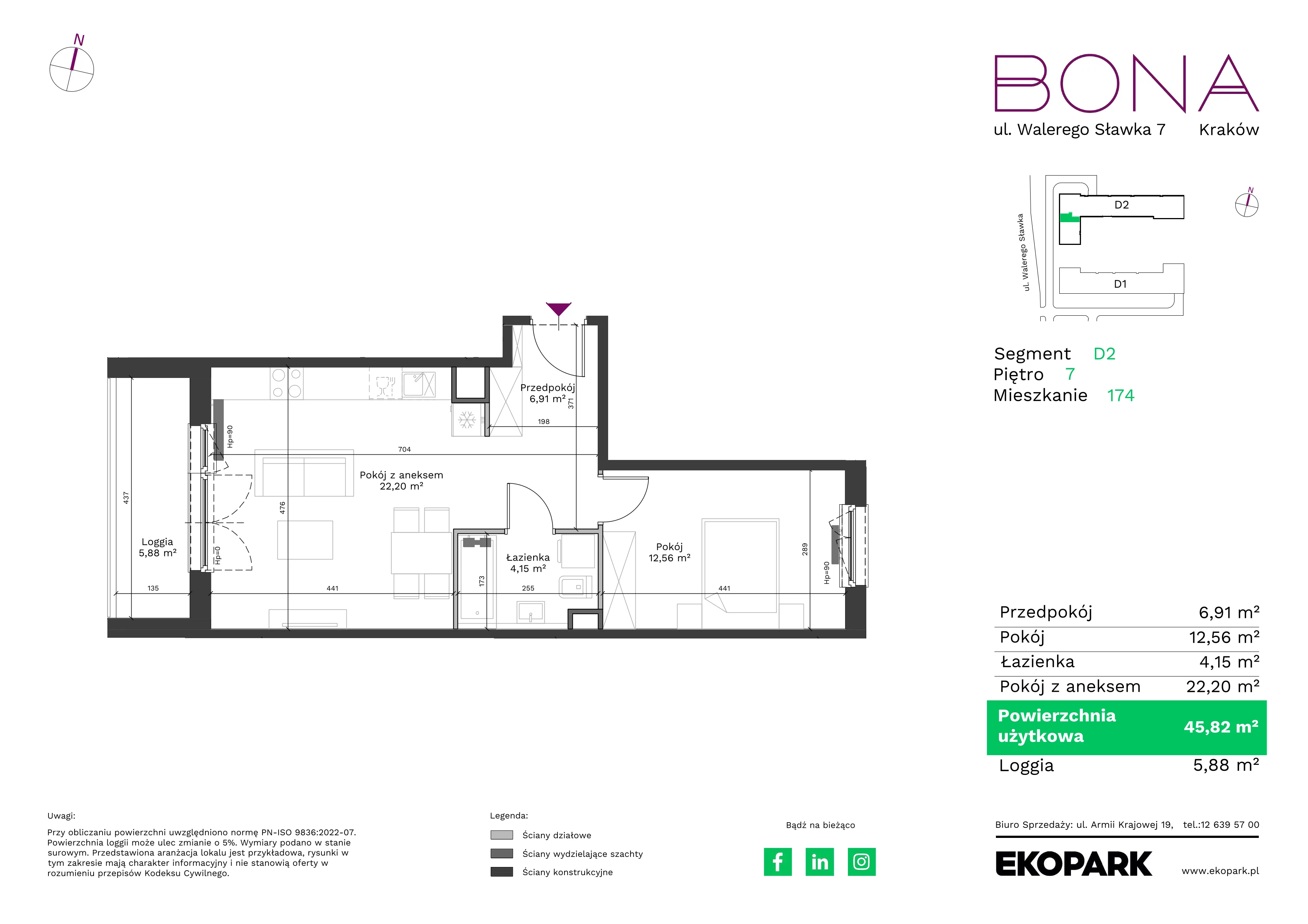 2 pokoje, mieszkanie 45,82 m², piętro 7, oferta nr 174, BONA, Kraków, Podgórze Duchackie, ul. Walerego Sławka 7