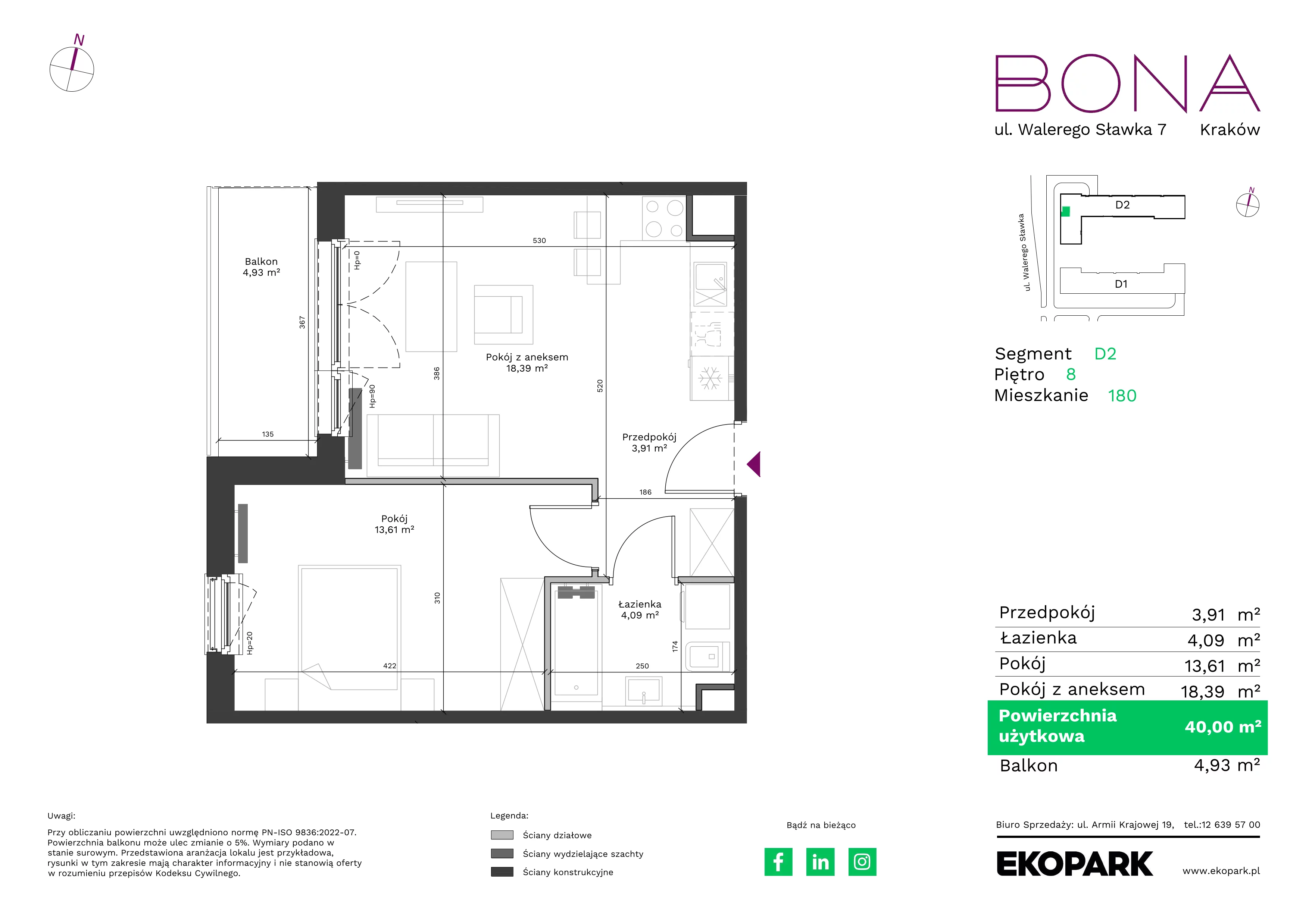 2 pokoje, mieszkanie 40,00 m², piętro 8, oferta nr 180, BONA, Kraków, Podgórze Duchackie, ul. Walerego Sławka 7