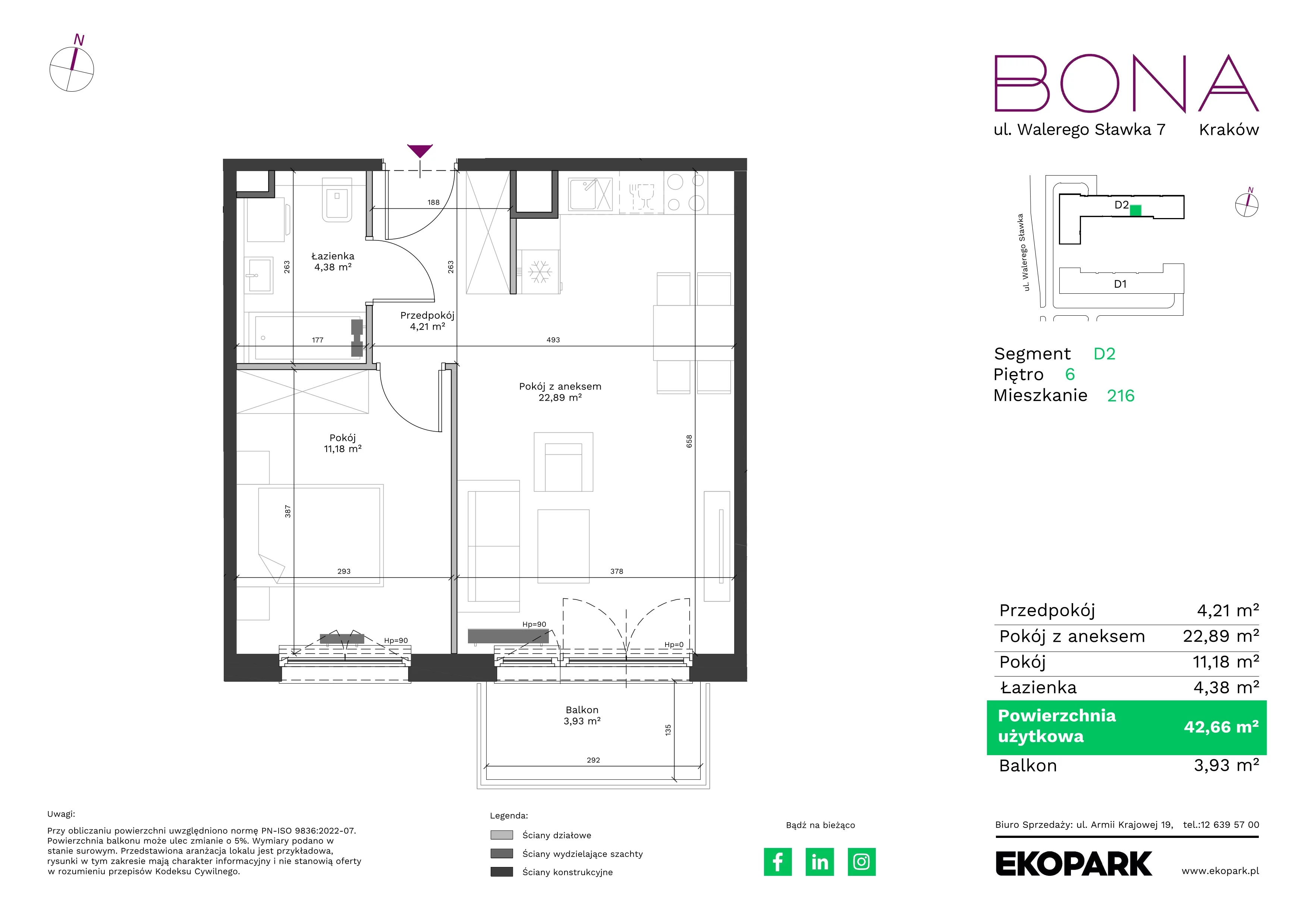 2 pokoje, mieszkanie 42,66 m², piętro 6, oferta nr 216, BONA, Kraków, Podgórze Duchackie, ul. Walerego Sławka 7