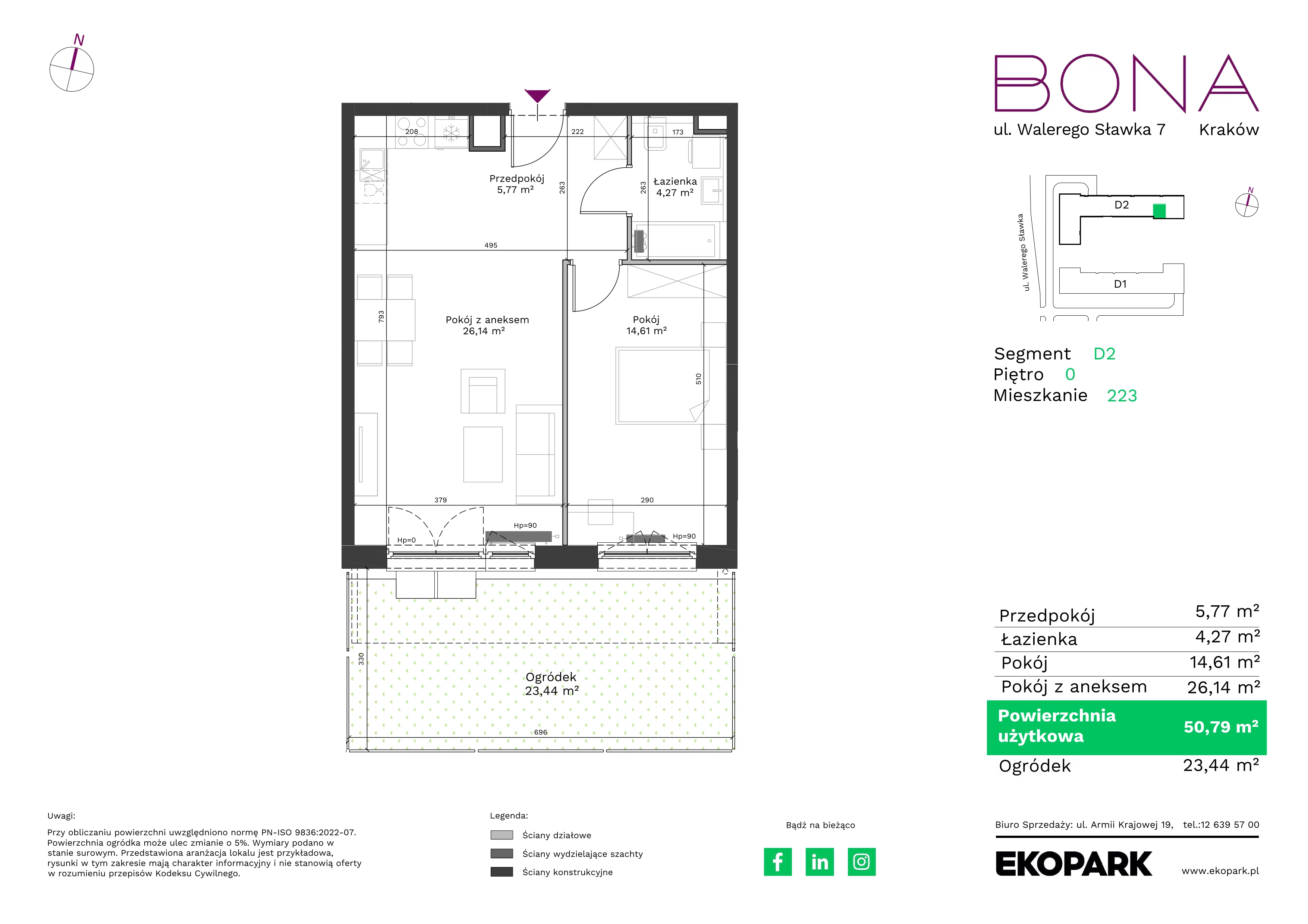 2 pokoje, mieszkanie 50,79 m², parter, oferta nr 223, BONA, Kraków, Podgórze Duchackie, ul. Walerego Sławka 7