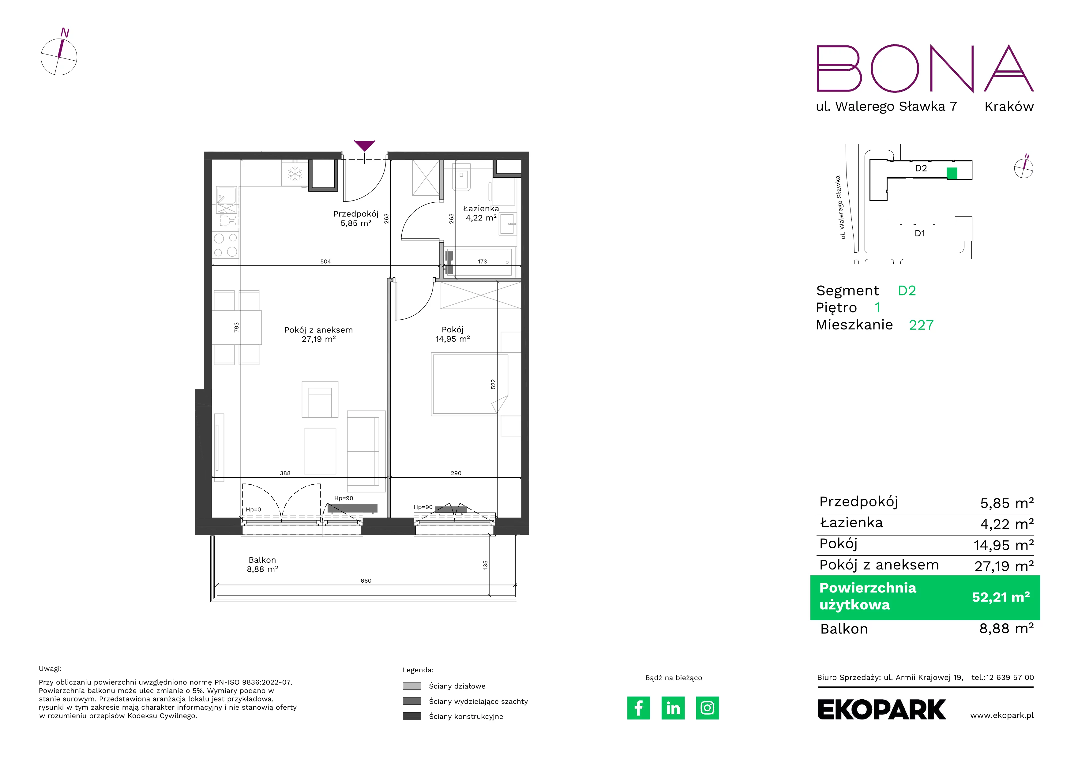 2 pokoje, mieszkanie 52,21 m², piętro 1, oferta nr 227, BONA, Kraków, Podgórze Duchackie, ul. Walerego Sławka 7