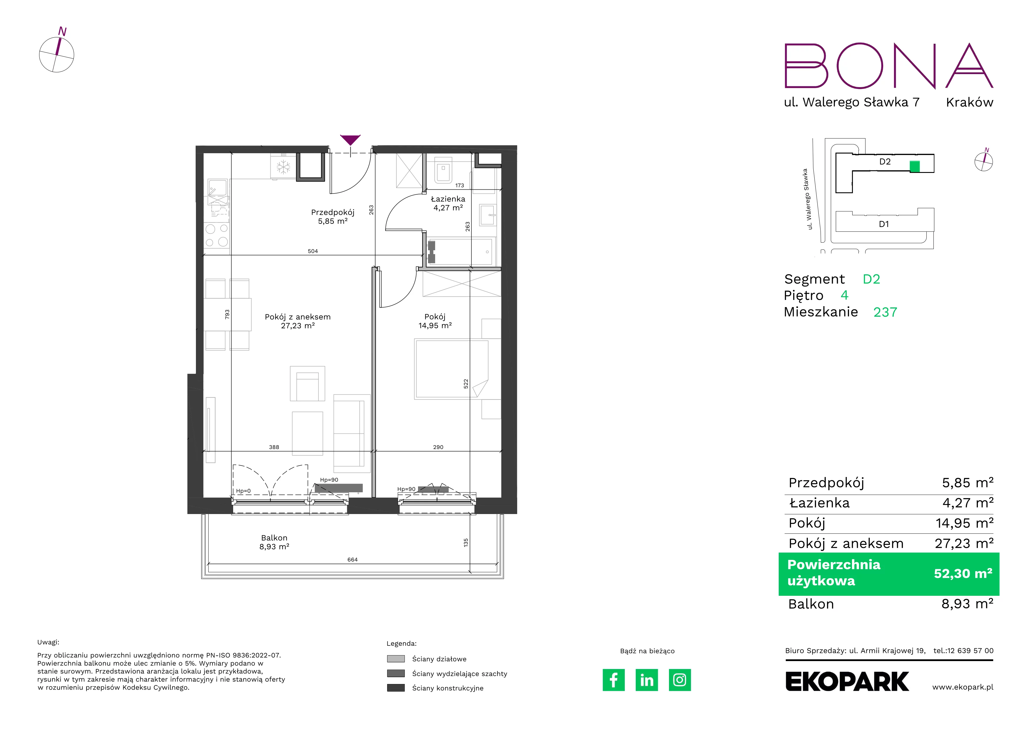 2 pokoje, mieszkanie 52,30 m², piętro 4, oferta nr 237, BONA, Kraków, Podgórze Duchackie, ul. Walerego Sławka 7