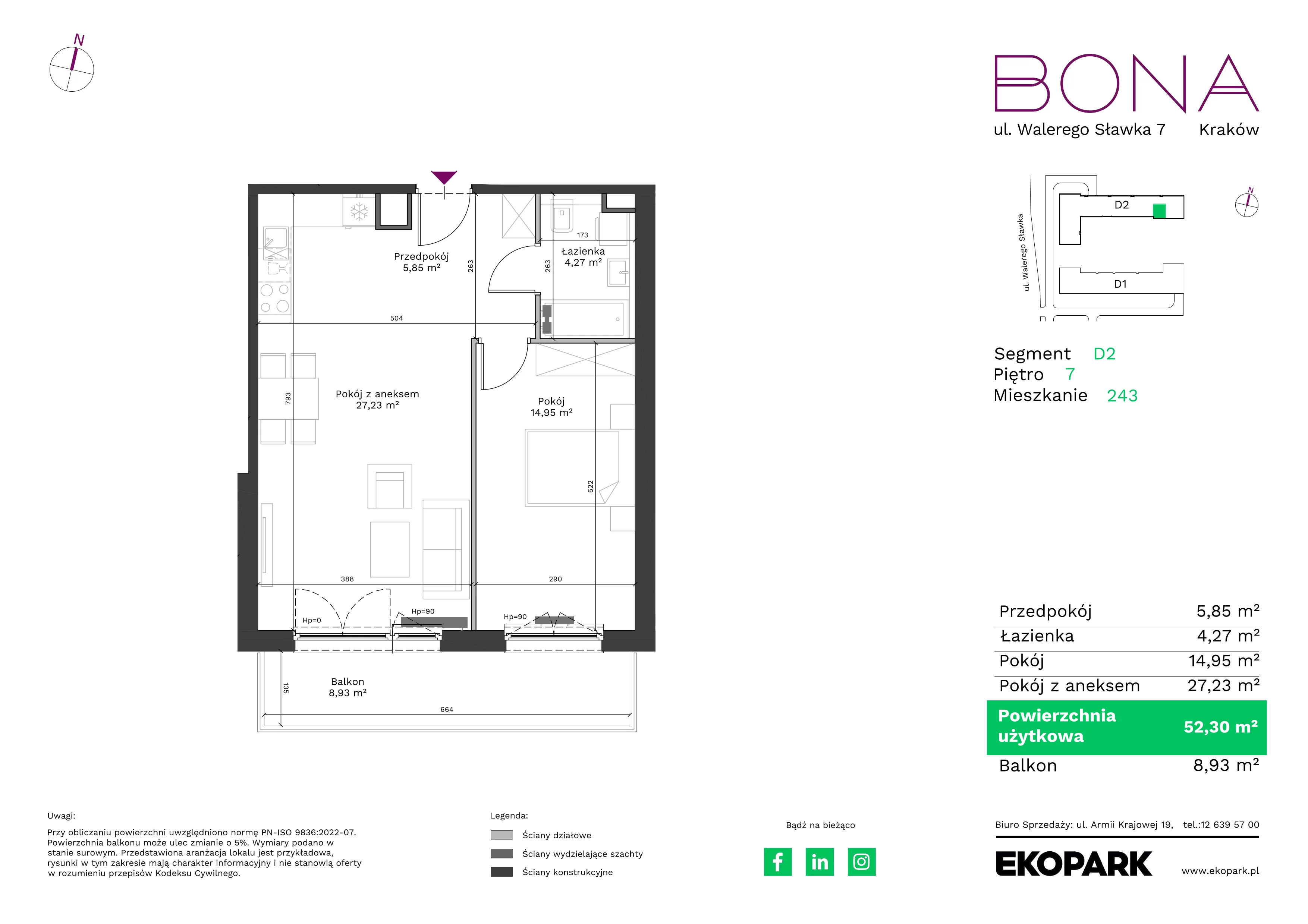 2 pokoje, mieszkanie 52,30 m², piętro 7, oferta nr 243, BONA, Kraków, Podgórze Duchackie, ul. Walerego Sławka 7