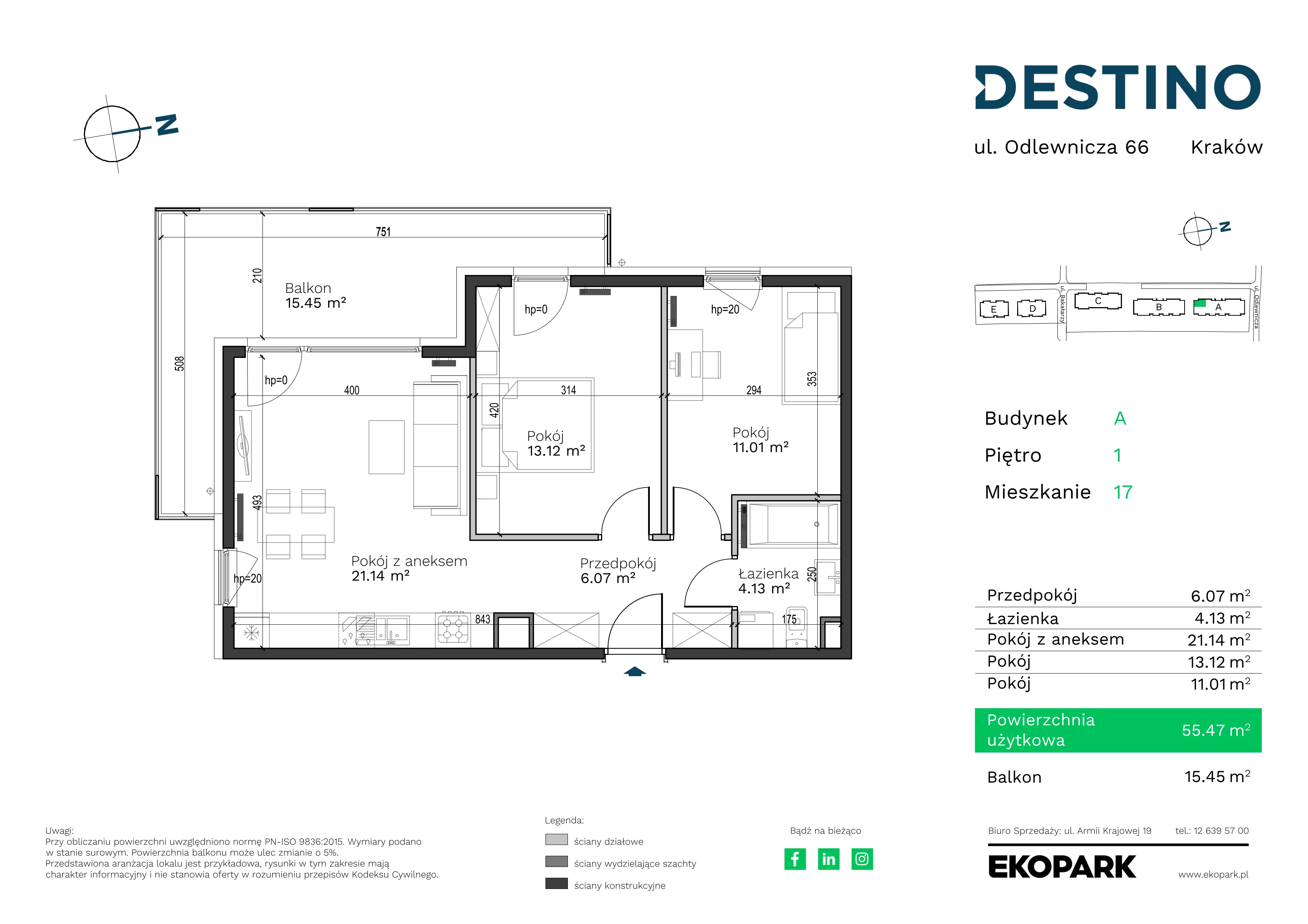 3 pokoje, mieszkanie 55,47 m², piętro 1, oferta nr A-17, Destino, Kraków, Bronowice, Bronowice Małe, ul. Odlewnicza