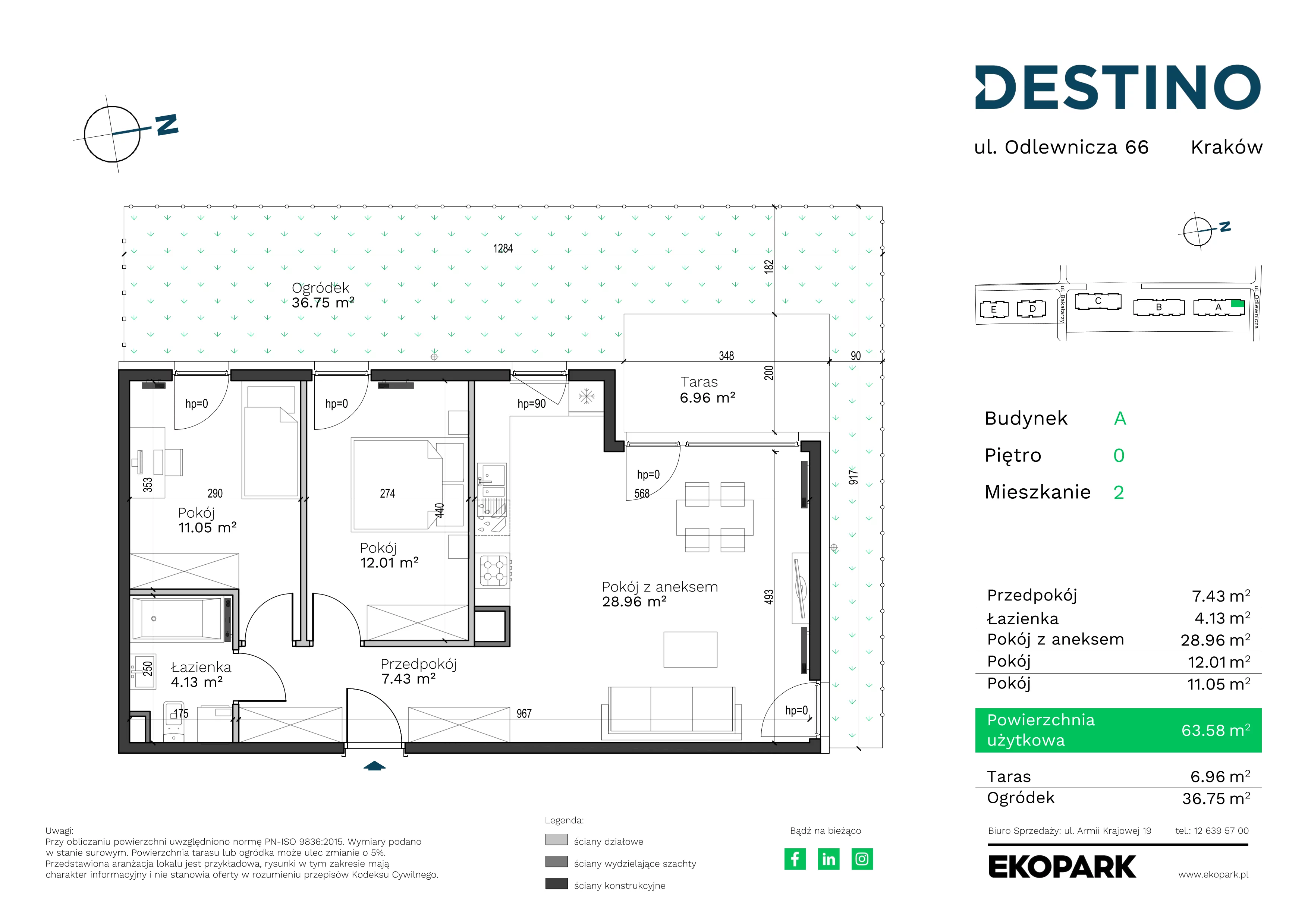 3 pokoje, mieszkanie 63,58 m², parter, oferta nr A-2, Destino, Kraków, Bronowice, Bronowice Małe, ul. Odlewnicza