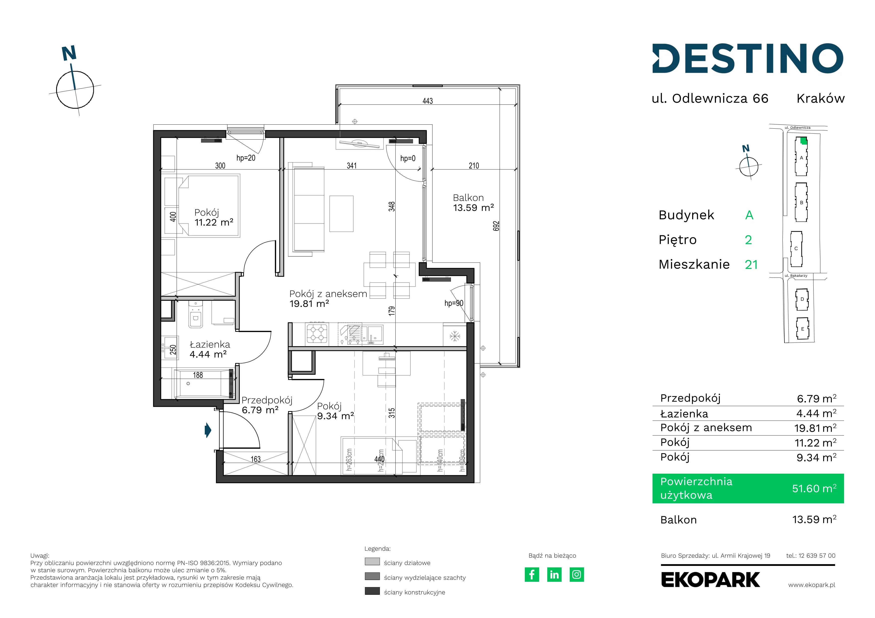 3 pokoje, mieszkanie 51,60 m², piętro 2, oferta nr A-21, Destino, Kraków, Bronowice, Bronowice Małe, ul. Odlewnicza