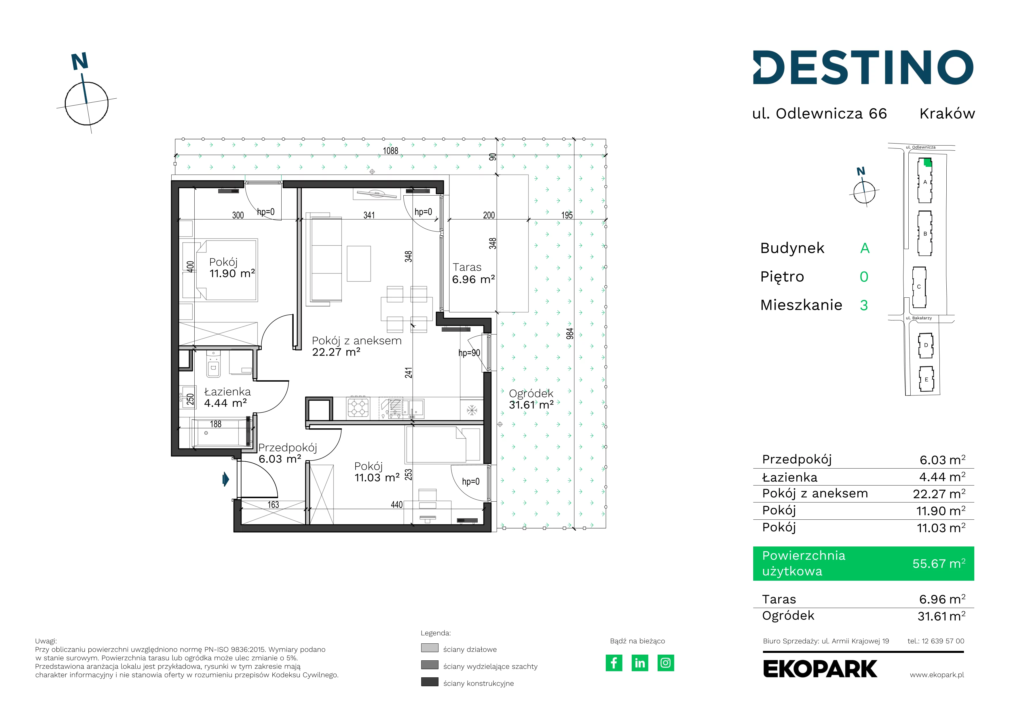 3 pokoje, mieszkanie 55,67 m², parter, oferta nr A-3, Destino, Kraków, Bronowice, Bronowice Małe, ul. Odlewnicza