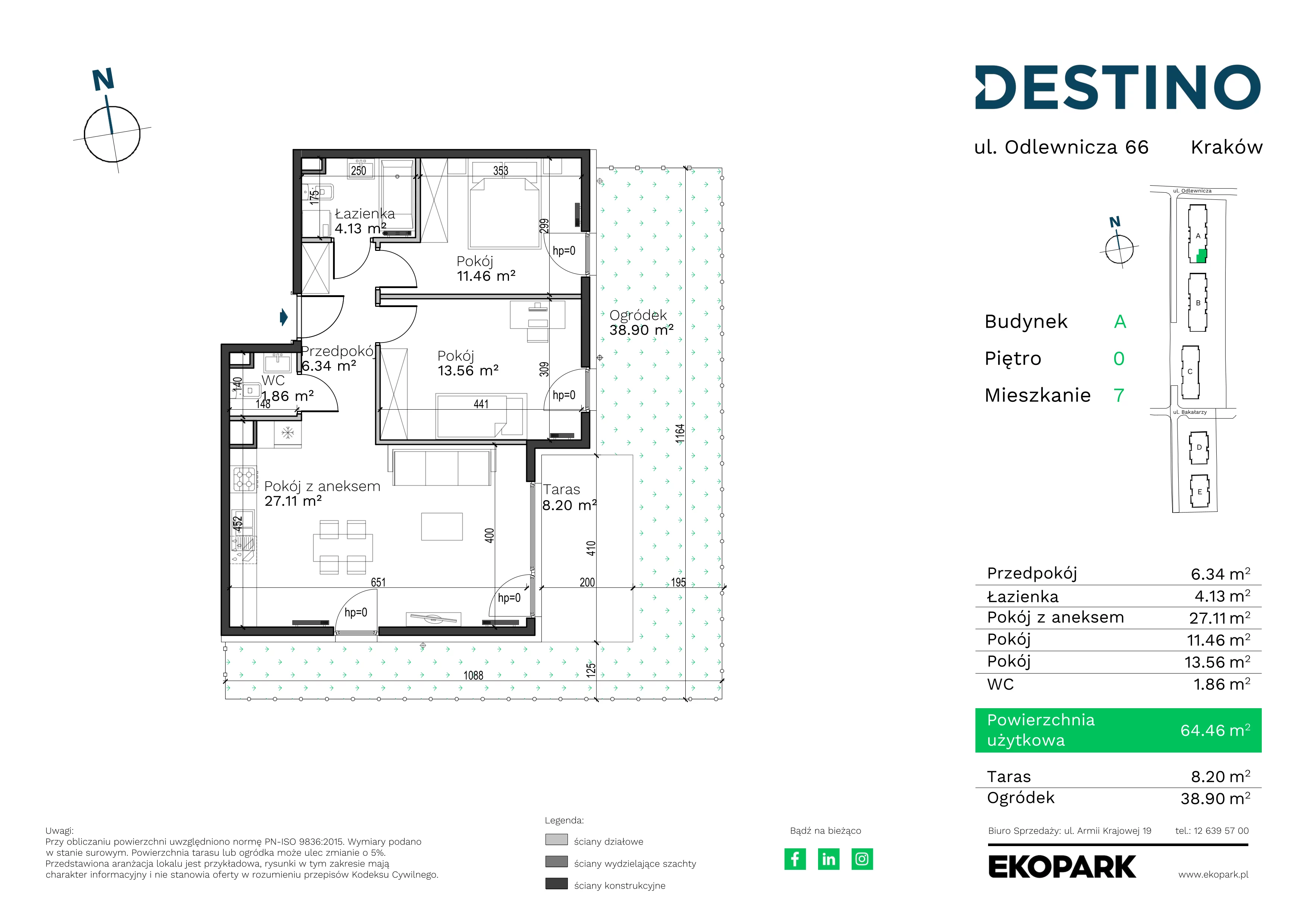 3 pokoje, mieszkanie 64,46 m², parter, oferta nr A-7, Destino, Kraków, Bronowice, Bronowice Małe, ul. Odlewnicza
