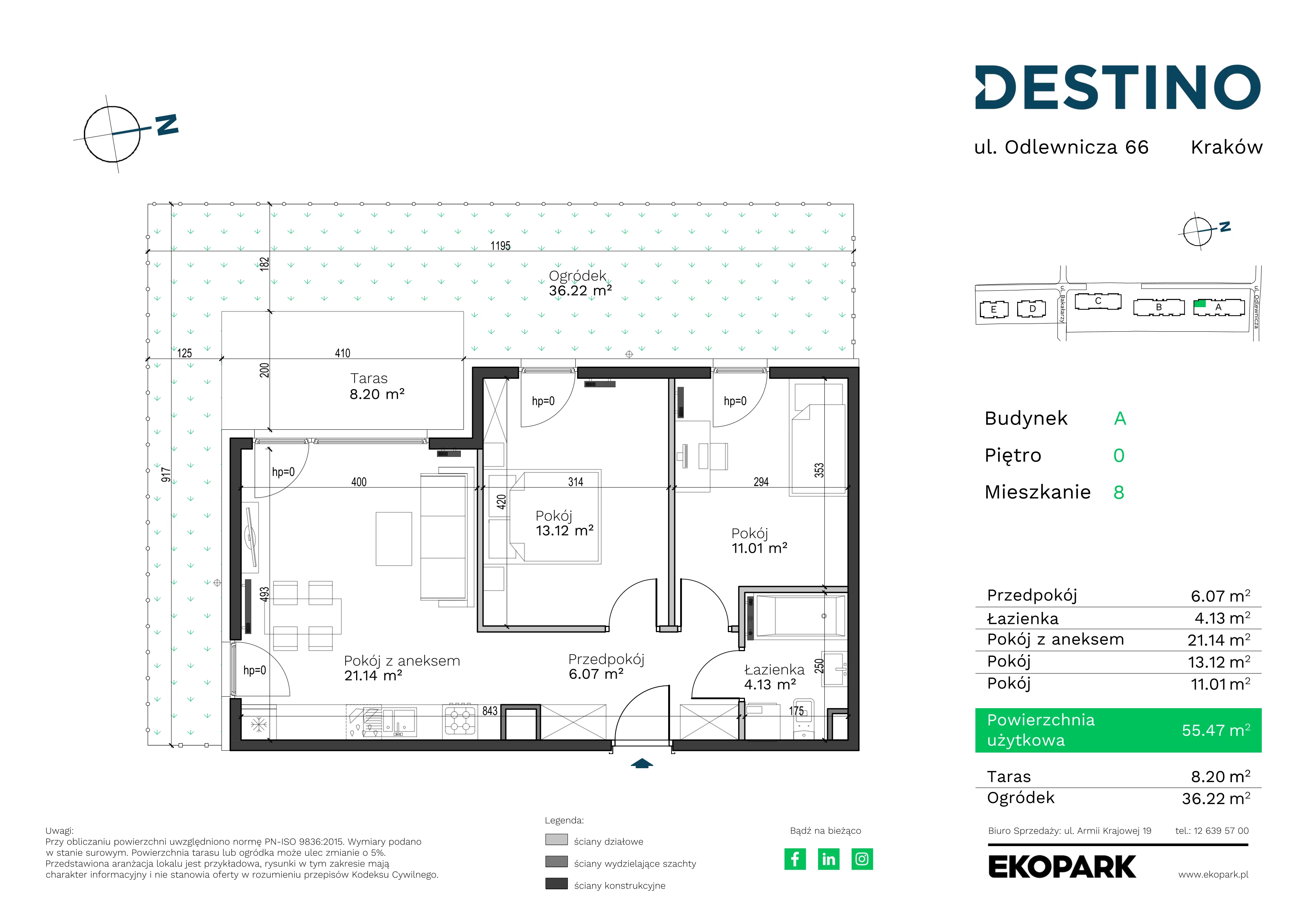 3 pokoje, mieszkanie 55,47 m², parter, oferta nr A-8, Destino, Kraków, Bronowice, Bronowice Małe, ul. Odlewnicza
