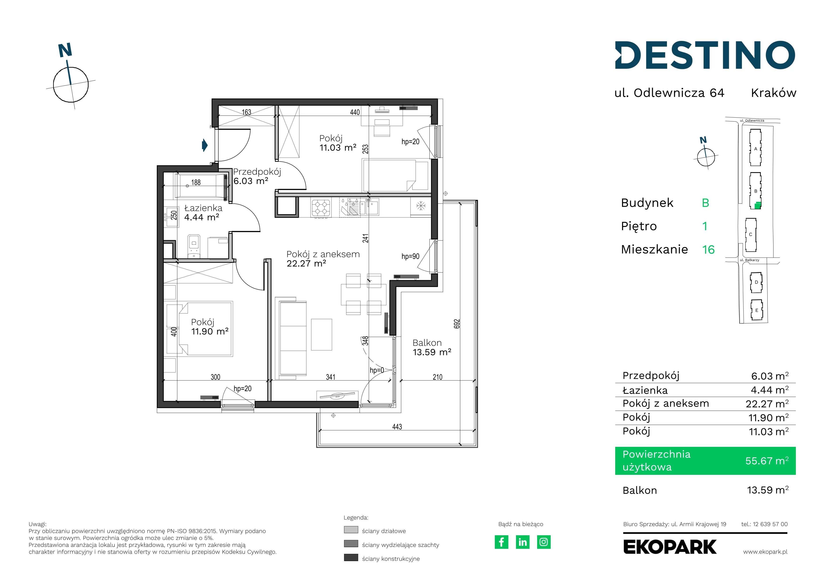 3 pokoje, mieszkanie 55,67 m², piętro 1, oferta nr B-16, Destino, Kraków, Bronowice, Bronowice Małe, ul. Odlewnicza