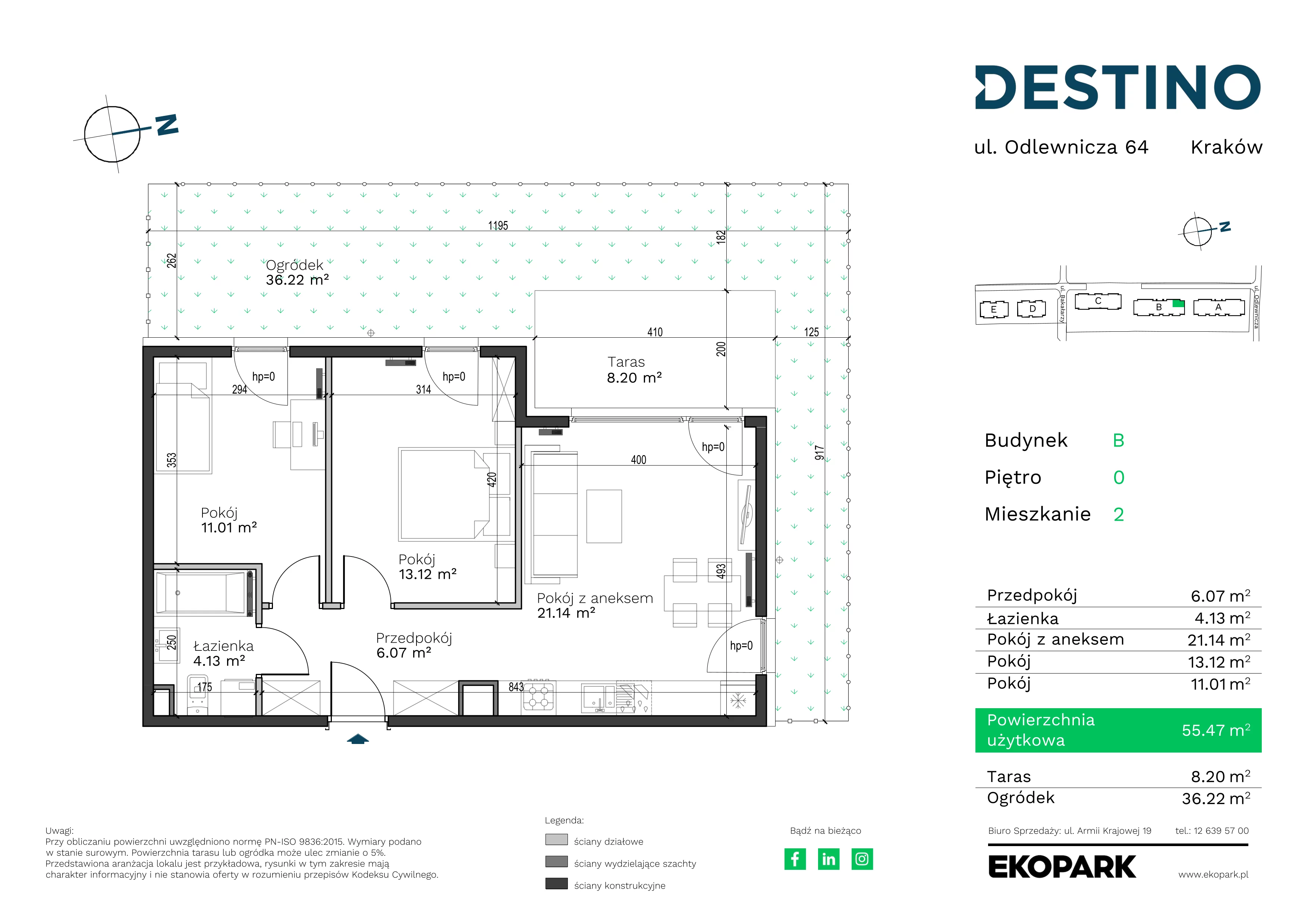 3 pokoje, mieszkanie 55,47 m², parter, oferta nr B-2, Destino, Kraków, Bronowice, Bronowice Małe, ul. Odlewnicza