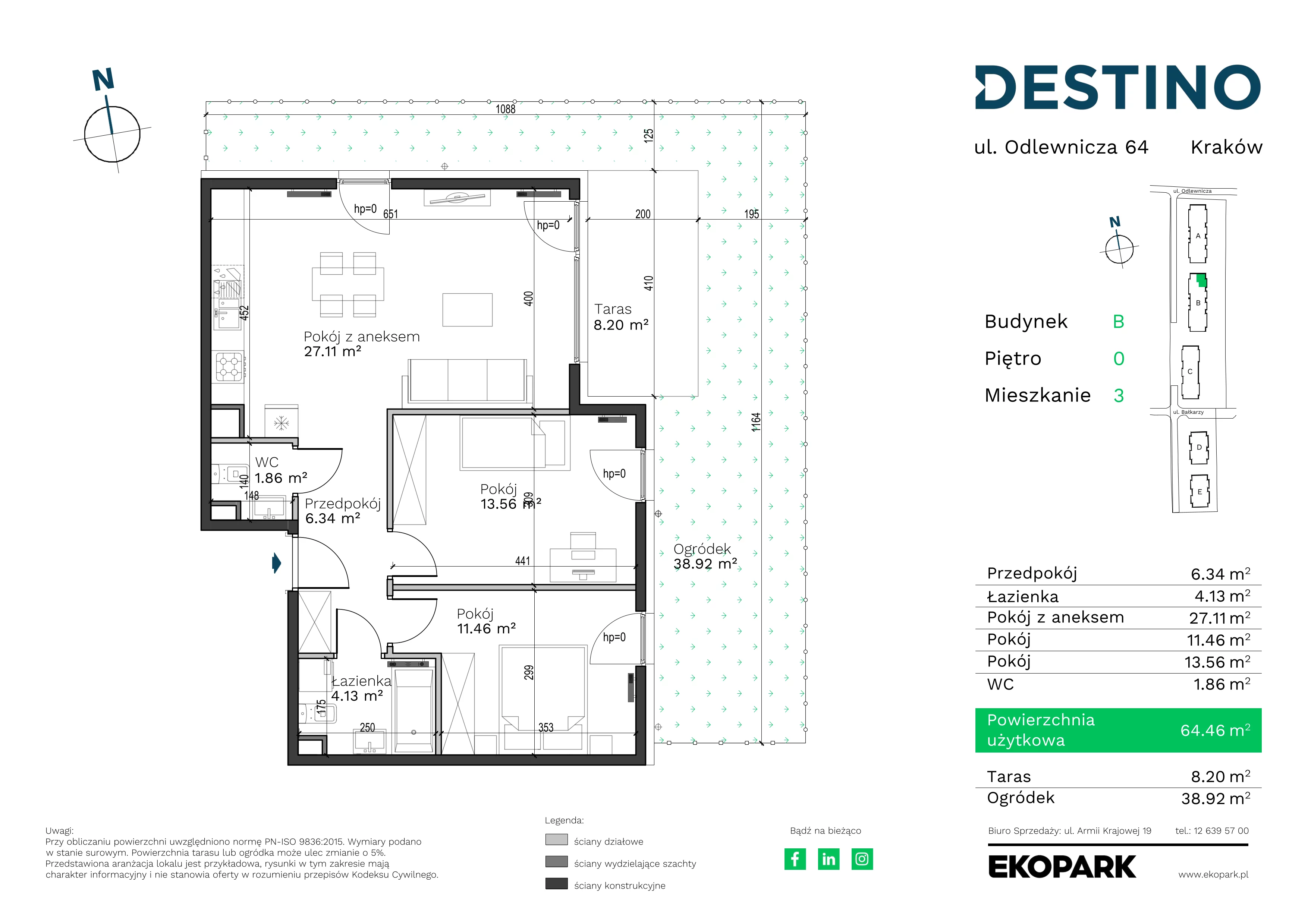 3 pokoje, mieszkanie 64,46 m², parter, oferta nr B-3, Destino, Kraków, Bronowice, Bronowice Małe, ul. Odlewnicza