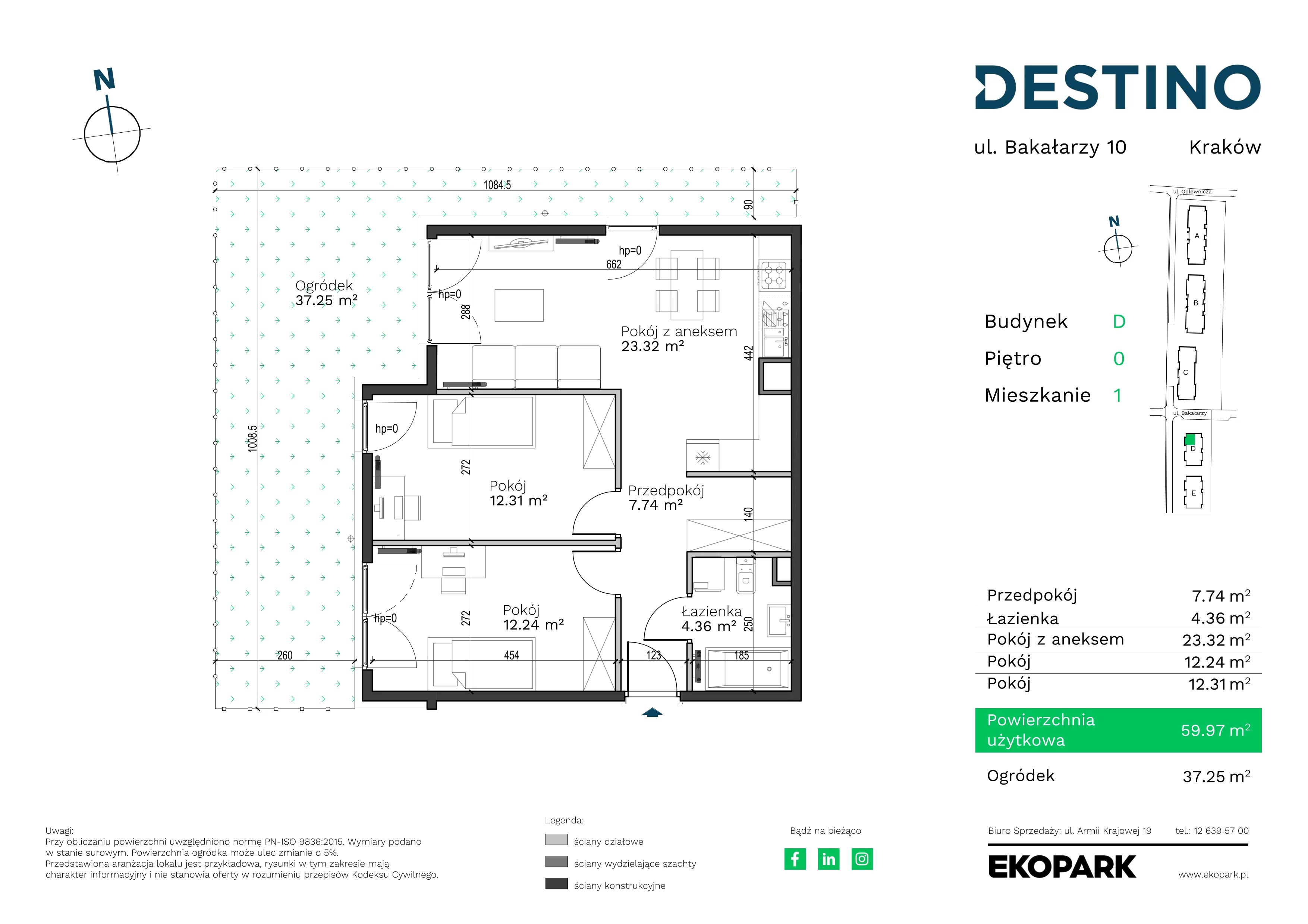 3 pokoje, mieszkanie 59,97 m², parter, oferta nr D-1, Destino, Kraków, Bronowice, Bronowice Małe, ul. Odlewnicza