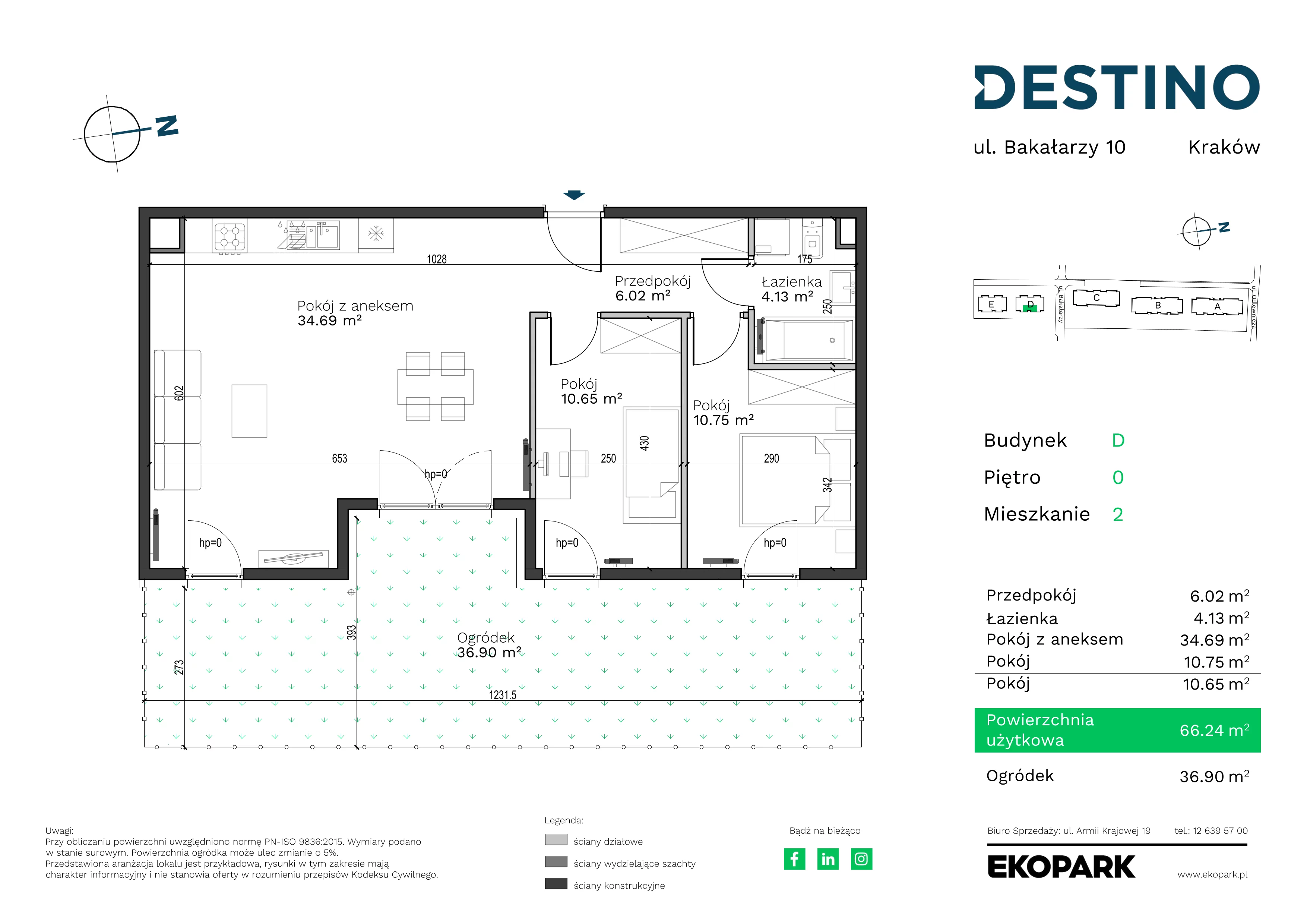 3 pokoje, mieszkanie 66,24 m², parter, oferta nr D-2, Destino, Kraków, Bronowice, Bronowice Małe, ul. Odlewnicza