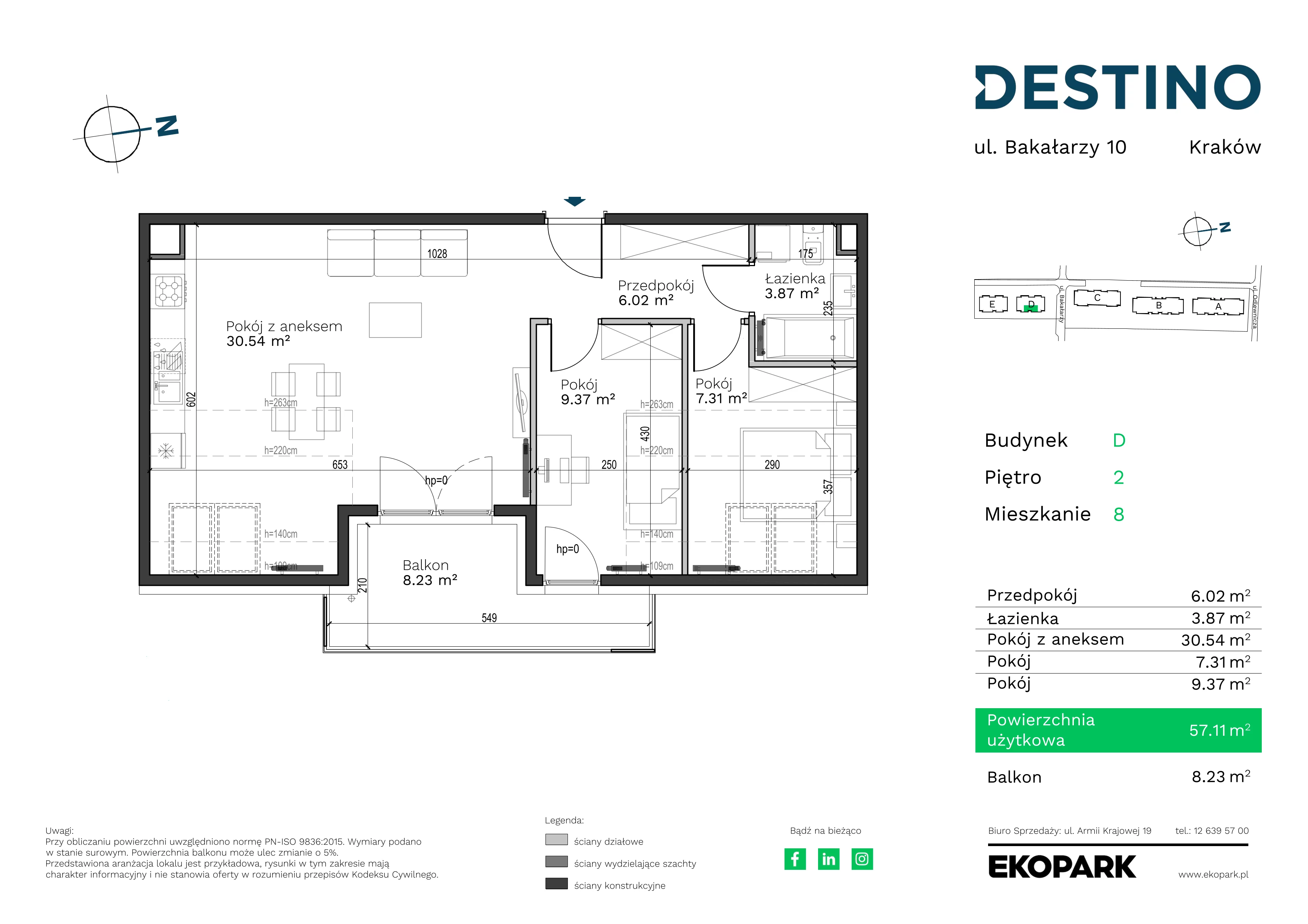 3 pokoje, mieszkanie 57,11 m², piętro 2, oferta nr D-8, Destino, Kraków, Bronowice, Bronowice Małe, ul. Odlewnicza