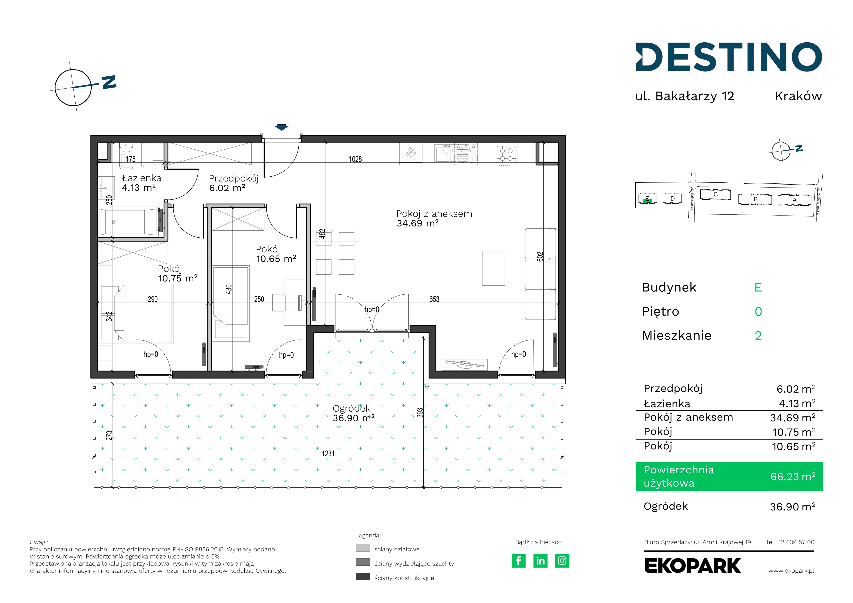 3 pokoje, mieszkanie 66,23 m², parter, oferta nr E-2, Destino, Kraków, Bronowice, Bronowice Małe, ul. Odlewnicza