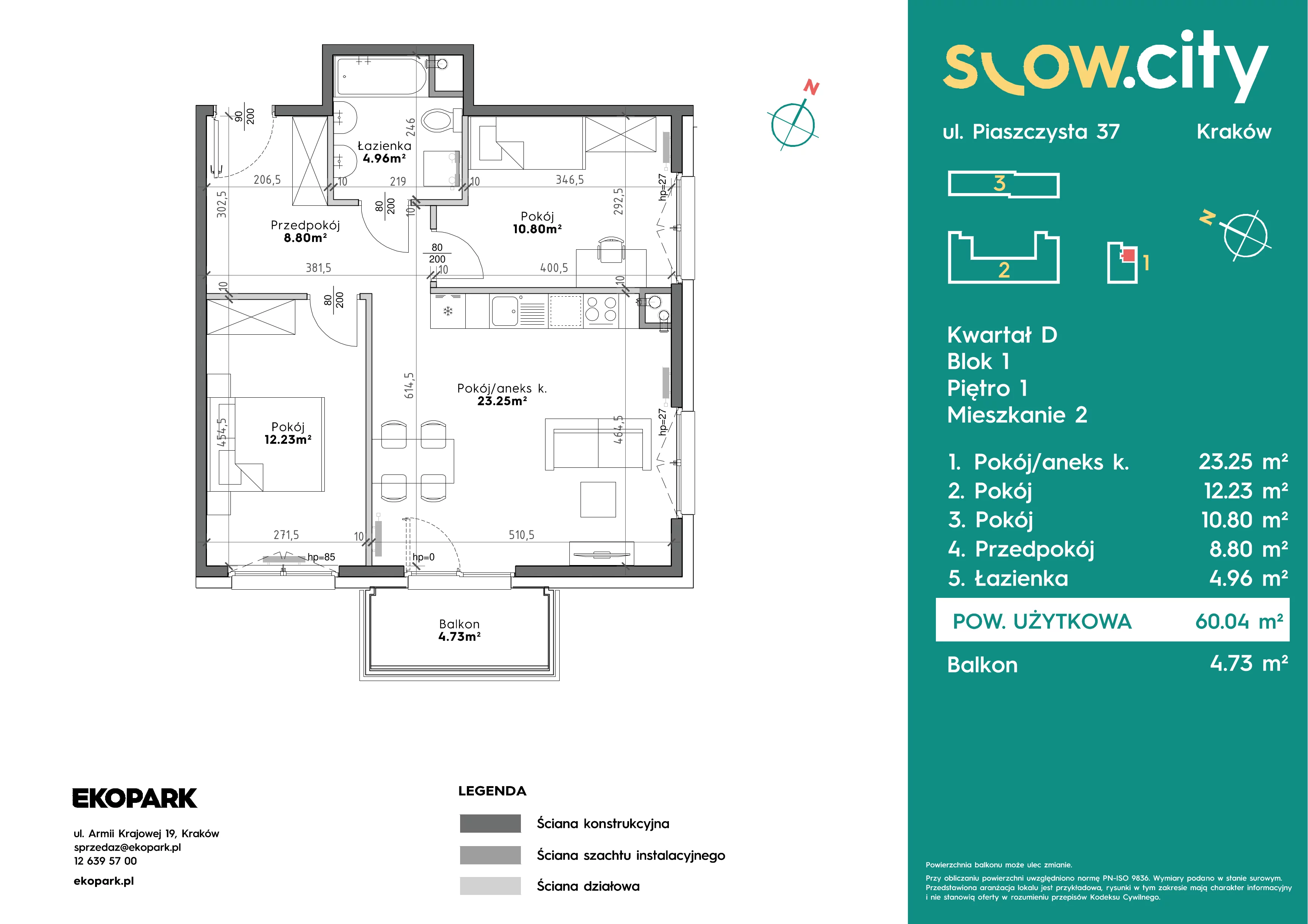 3 pokoje, mieszkanie 60,04 m², piętro 1, oferta nr D1-2, Slow City - Etap D, Kraków, Prądnik Biały, ul. Piaszczysta