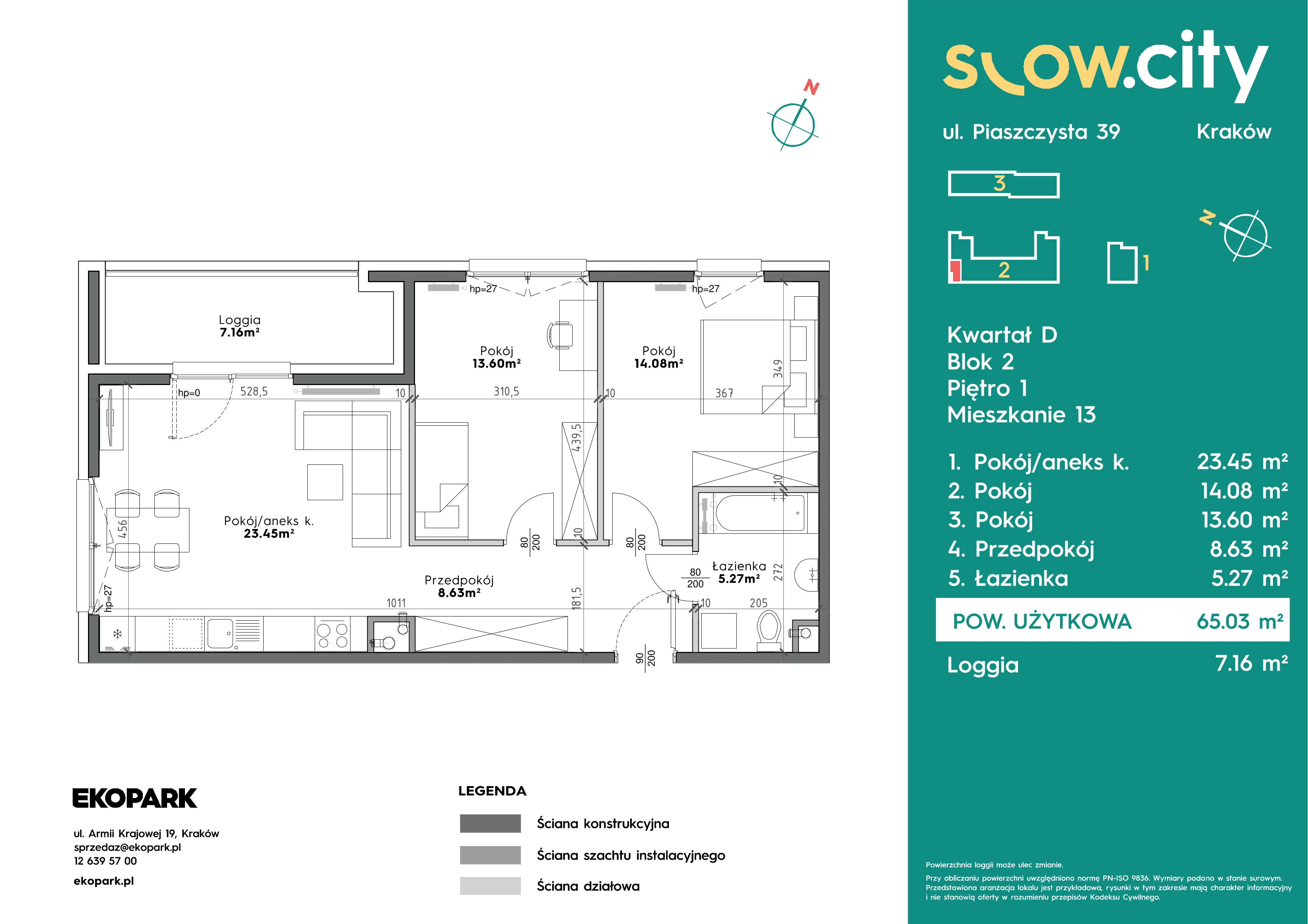 3 pokoje, mieszkanie 65,03 m², piętro 1, oferta nr D2-13, Slow City - Etap D, Kraków, Prądnik Biały, ul. Piaszczysta