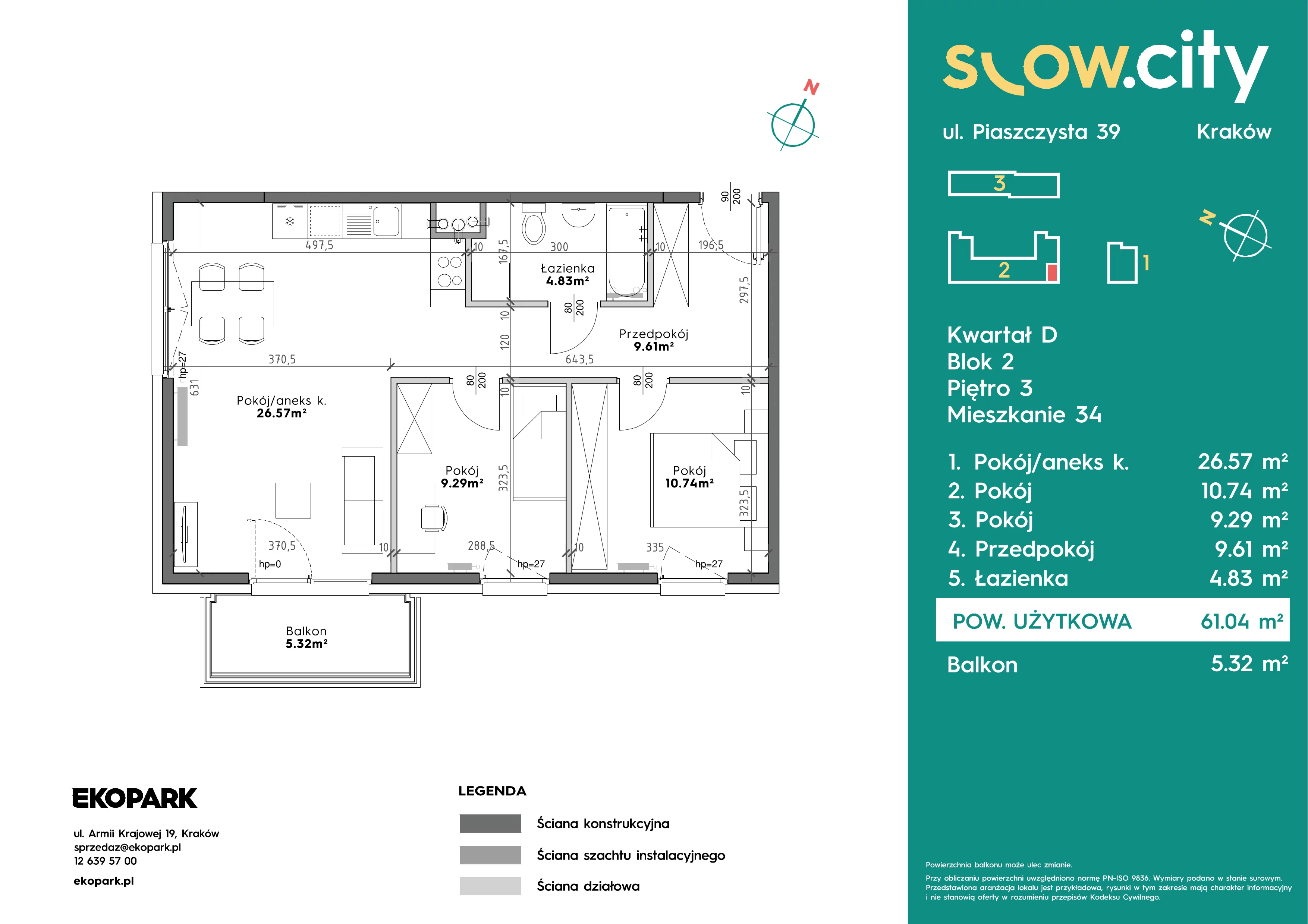 3 pokoje, mieszkanie 61,04 m², piętro 3, oferta nr D2-34, Slow City - Etap D, Kraków, Prądnik Biały, ul. Piaszczysta