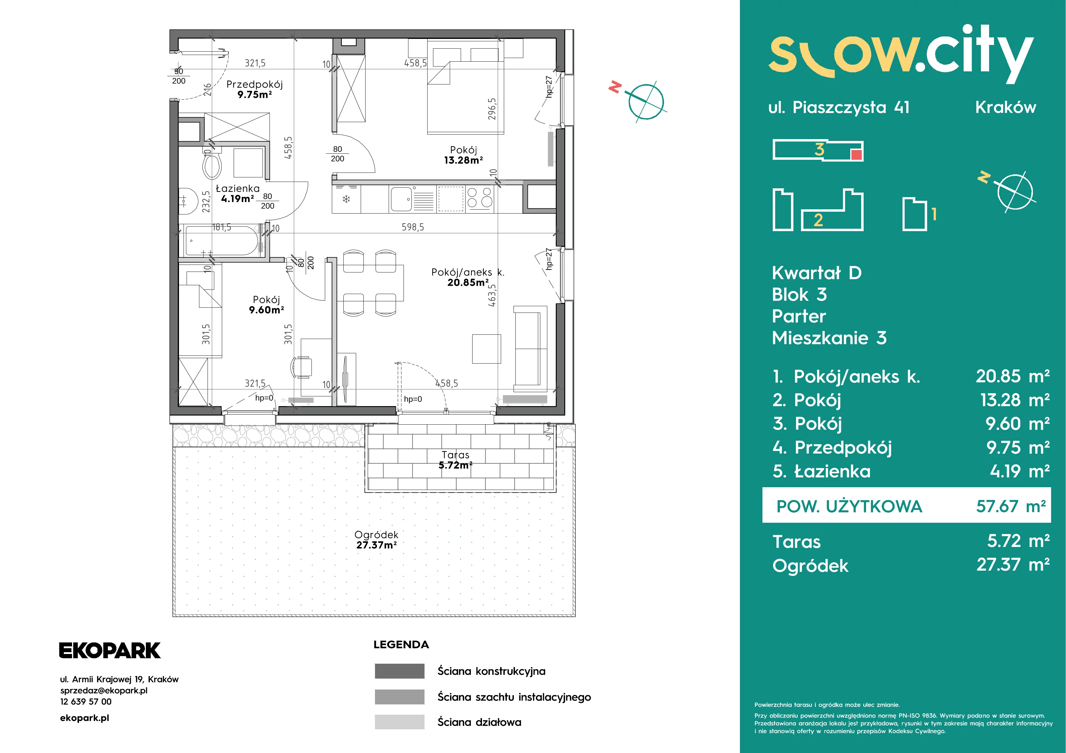 3 pokoje, mieszkanie 57,67 m², parter, oferta nr D3-3, Slow City - Etap D, Kraków, Prądnik Biały, ul. Piaszczysta