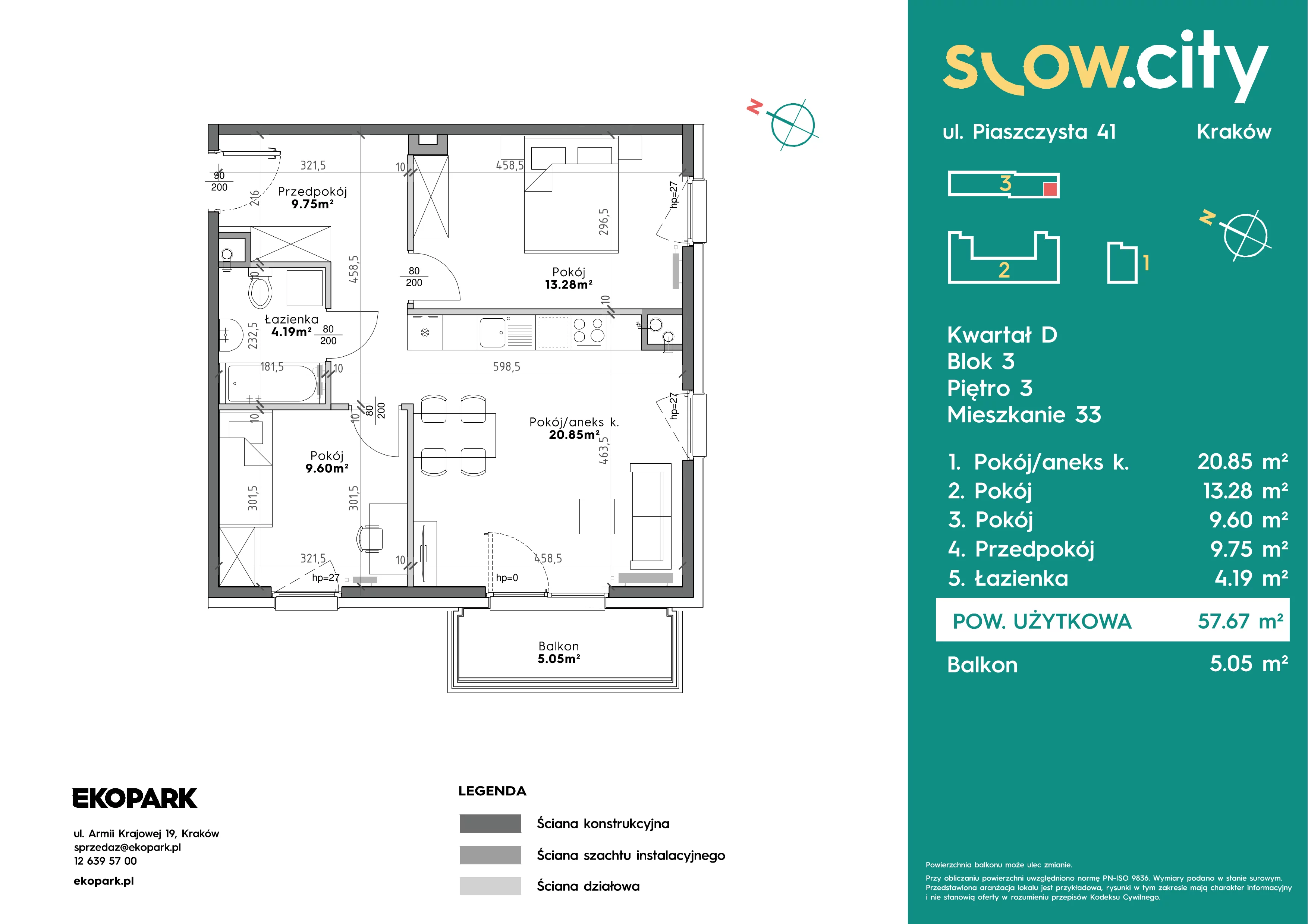 3 pokoje, mieszkanie 57,67 m², piętro 3, oferta nr D3-33, Slow City - Etap D, Kraków, Prądnik Biały, ul. Piaszczysta