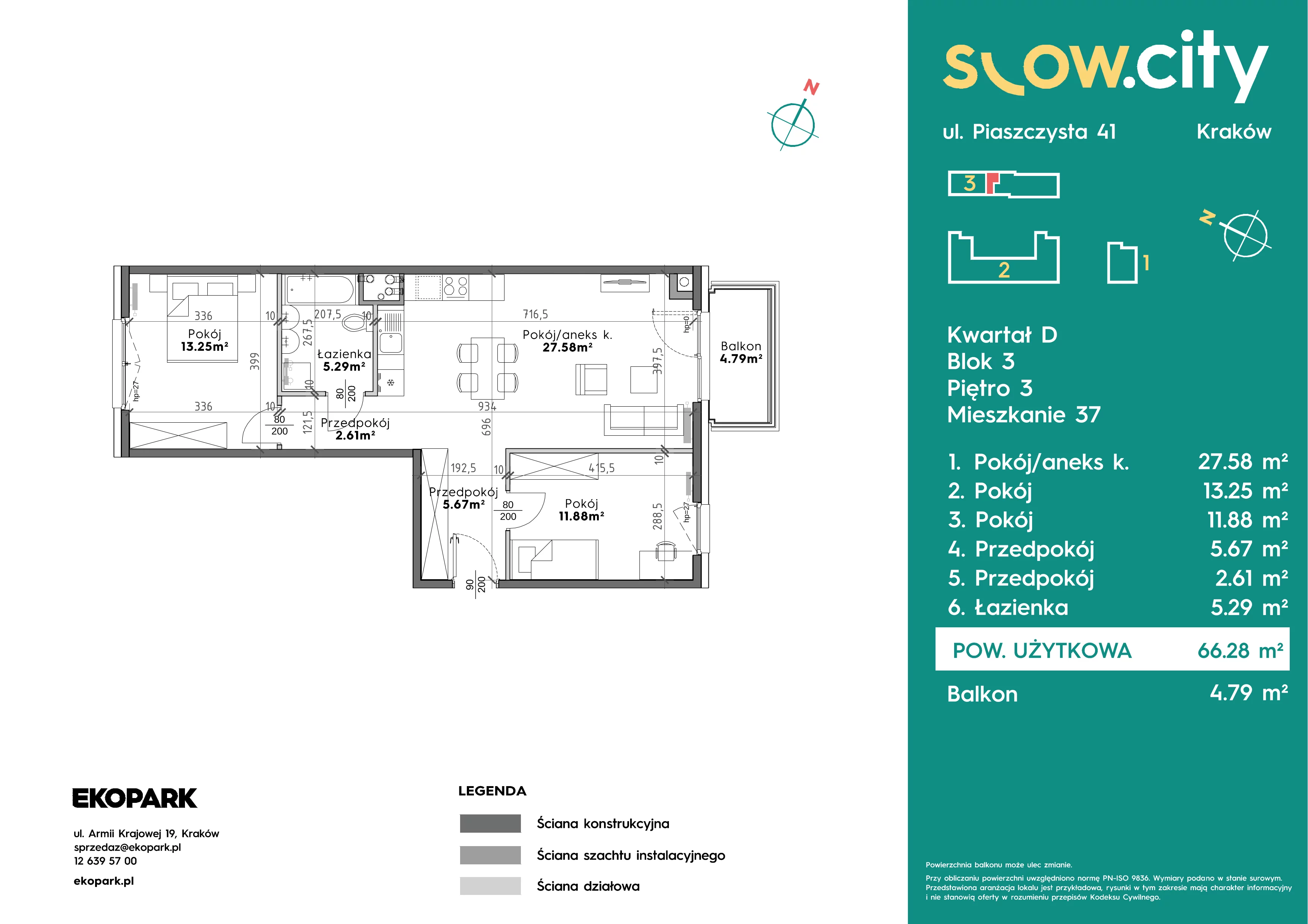 3 pokoje, mieszkanie 66,28 m², piętro 3, oferta nr D3-37, Slow City - Etap D, Kraków, Prądnik Biały, ul. Piaszczysta