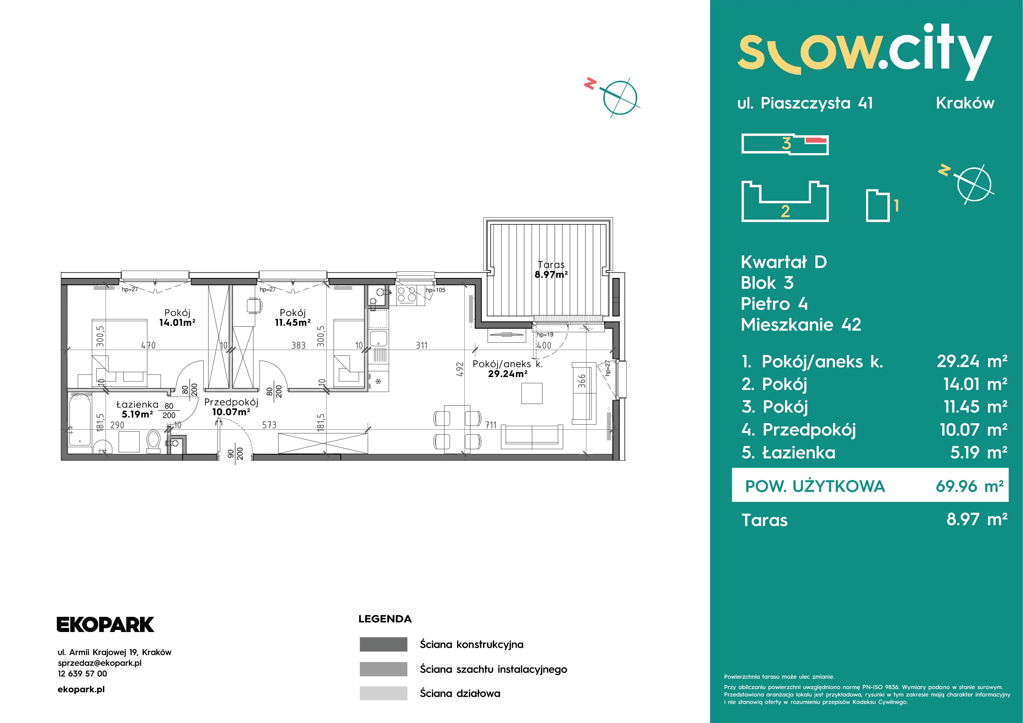3 pokoje, mieszkanie 69,96 m², piętro 4, oferta nr D3-42, Slow City - Etap D, Kraków, Prądnik Biały, ul. Piaszczysta