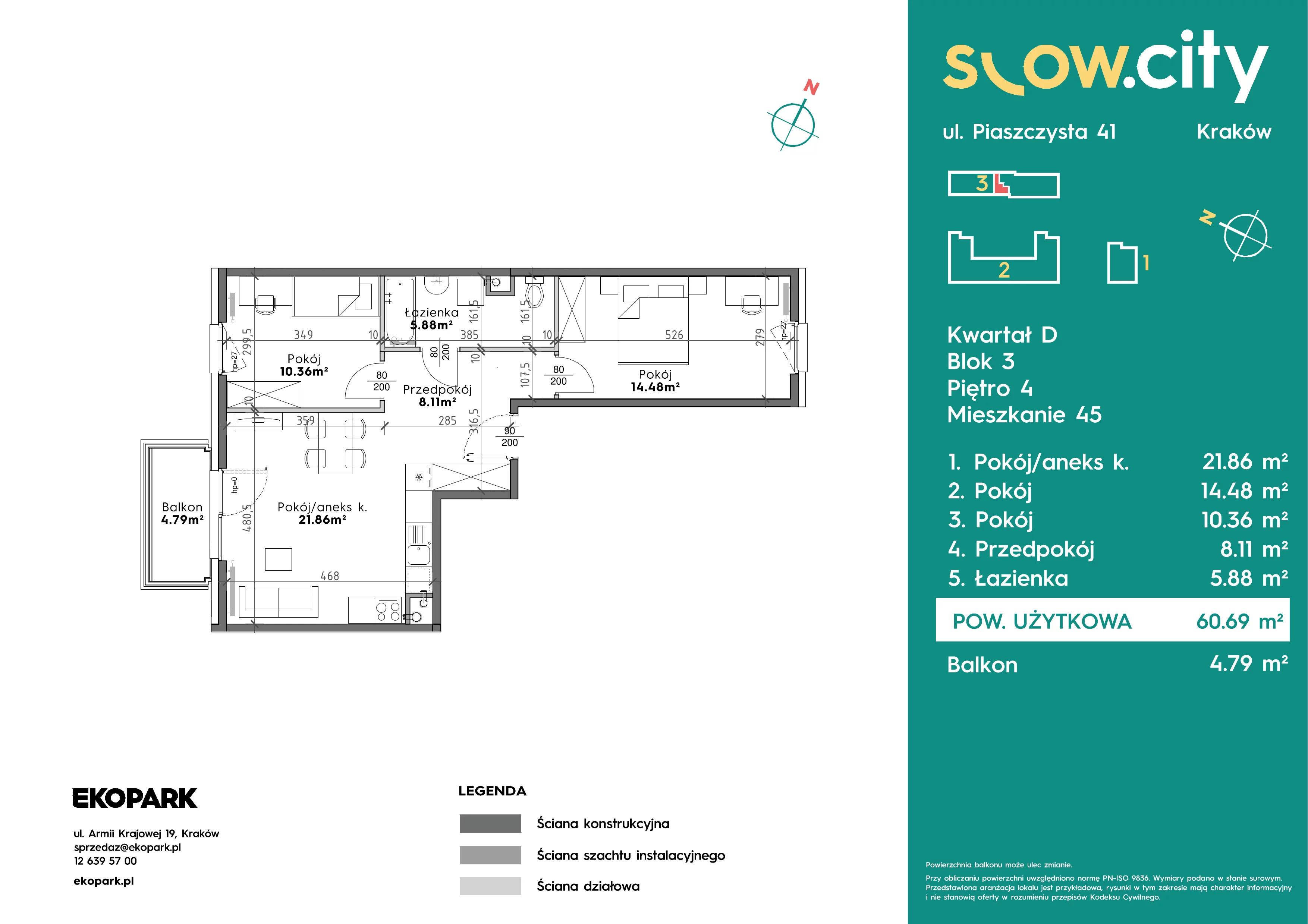 3 pokoje, mieszkanie 60,69 m², piętro 4, oferta nr D3-45, Slow City - Etap D, Kraków, Prądnik Biały, ul. Piaszczysta