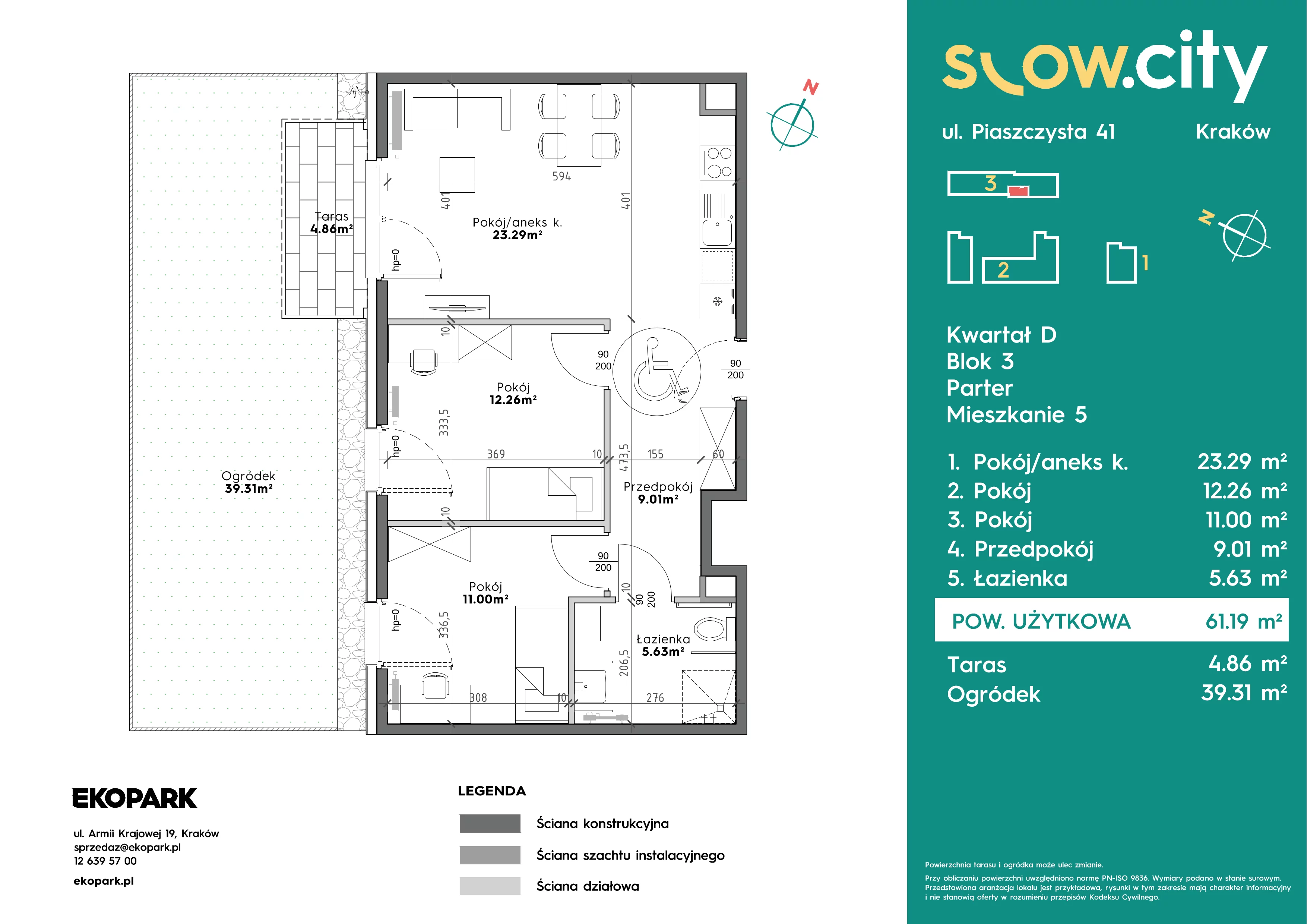 3 pokoje, mieszkanie 61,19 m², parter, oferta nr D3-5, Slow City - Etap D, Kraków, Prądnik Biały, ul. Piaszczysta